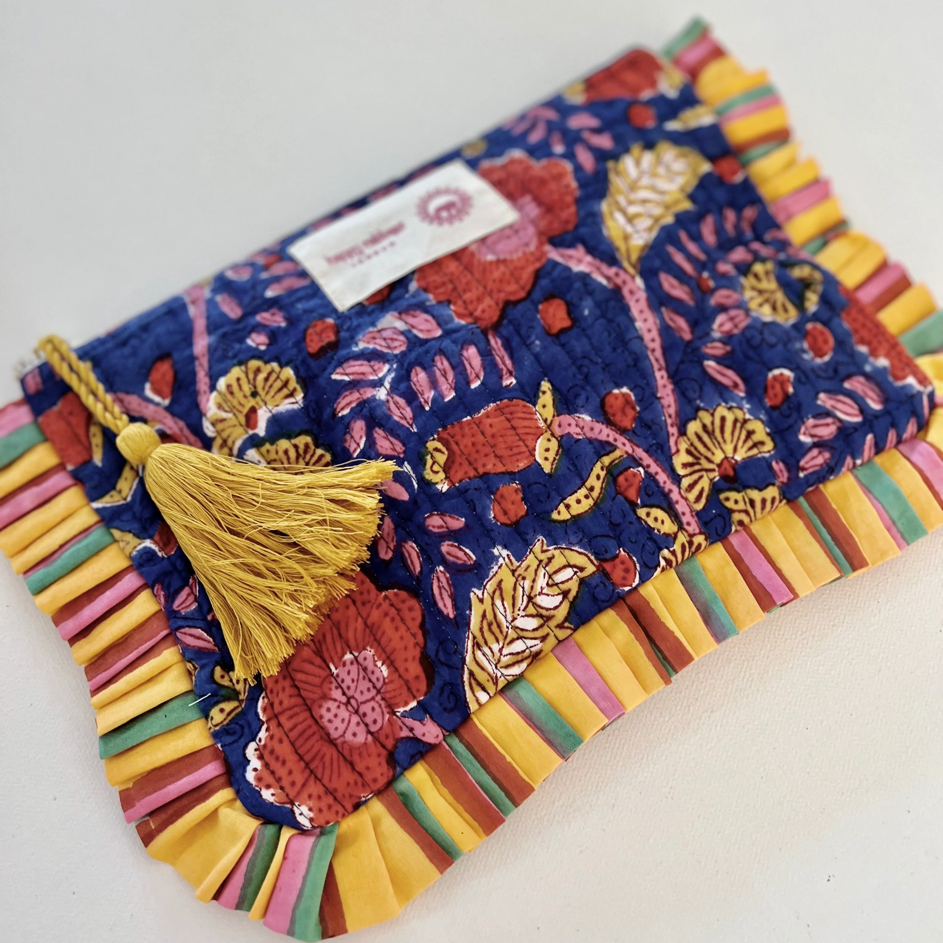 Block Printed Cotton Pouch - Blue, Red & Yellow - Happy Cabbage London