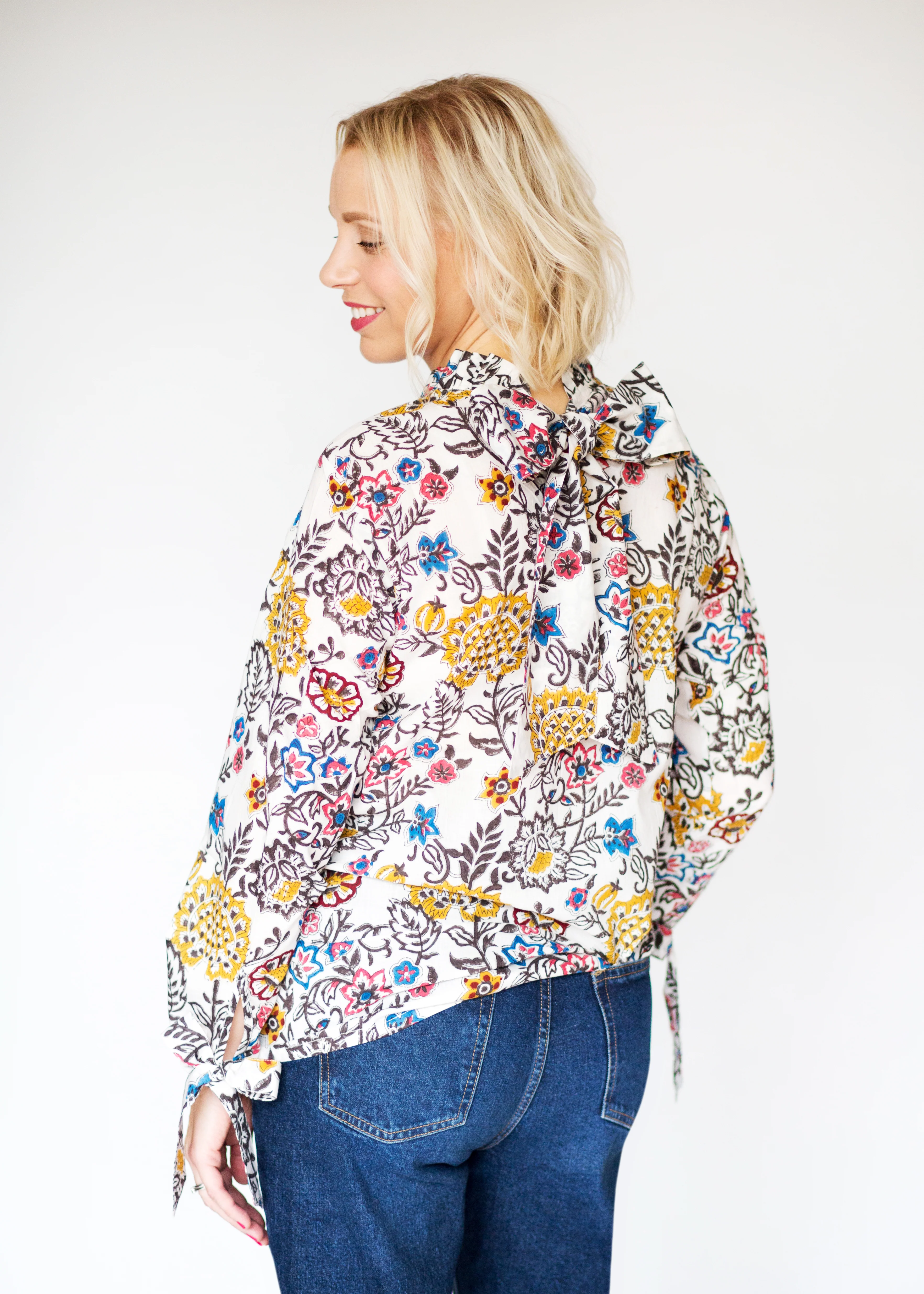 SALE Bow Collar Blouse - Colourful block print - Happy Cabbage London