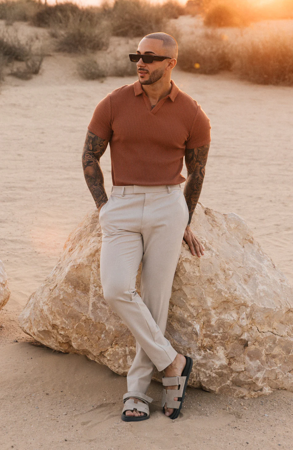 Elysee Slim Ribbed Revere Polo in Caramel - Happy Cabbage London