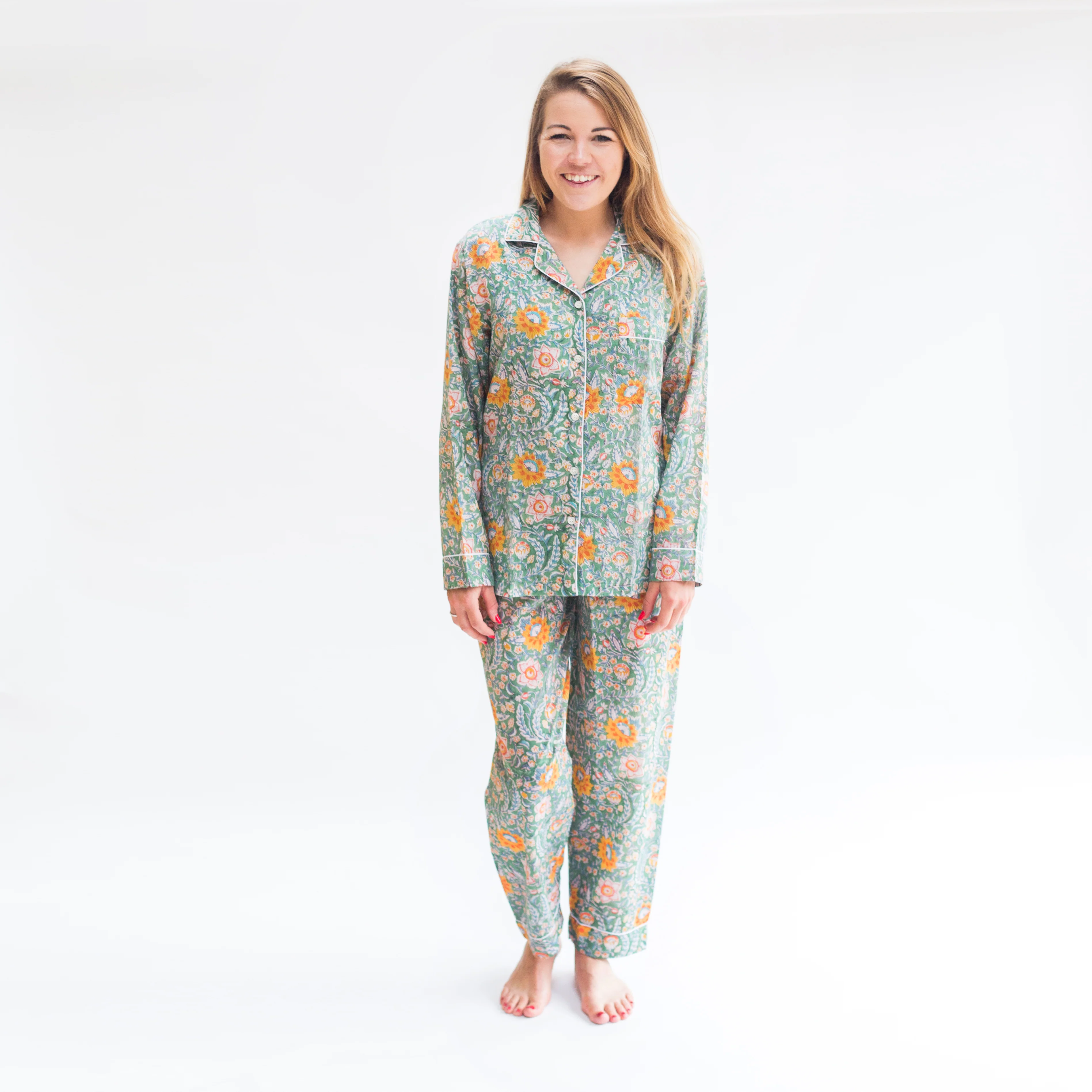 Long PJ Set in Green & Ginger Floral Block Print Design - Happy Cabbage London
