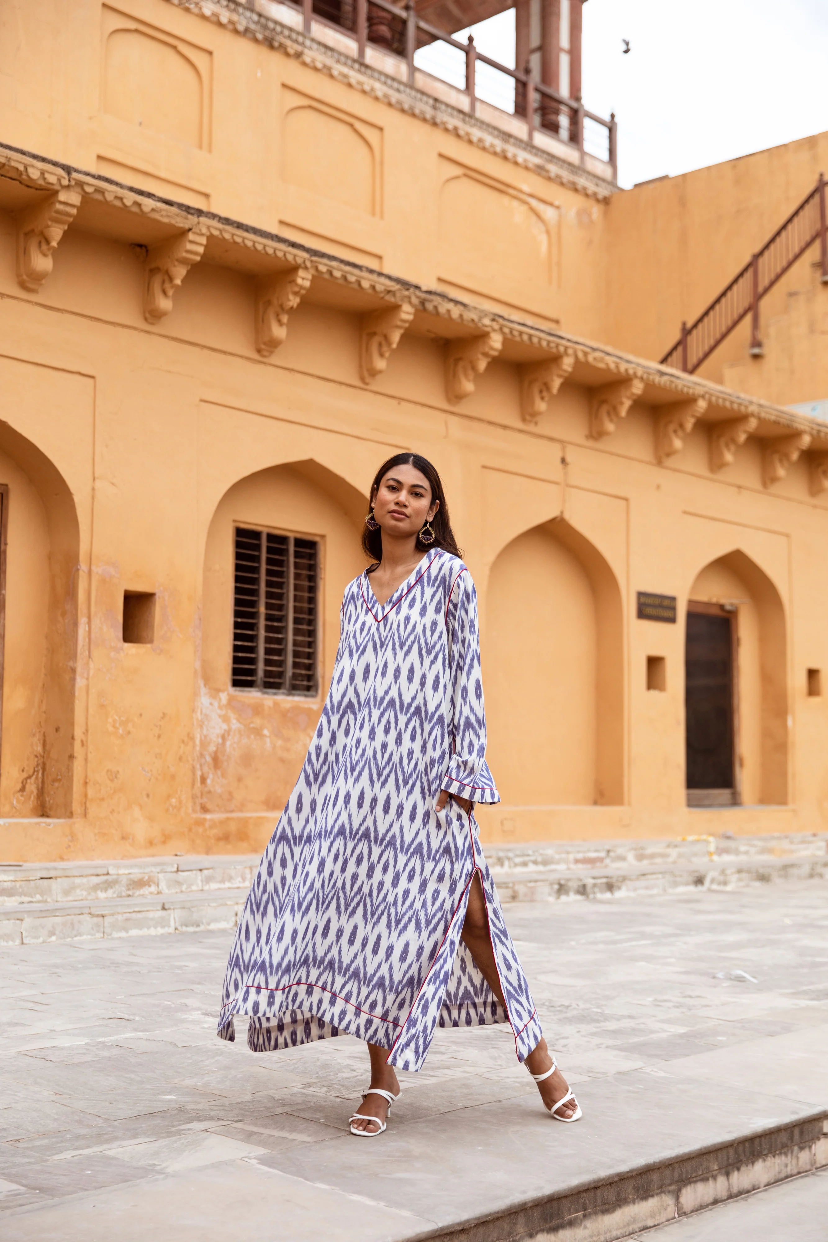 SALE The Alexa Handloom Dress - Blue & White - Happy Cabbage London