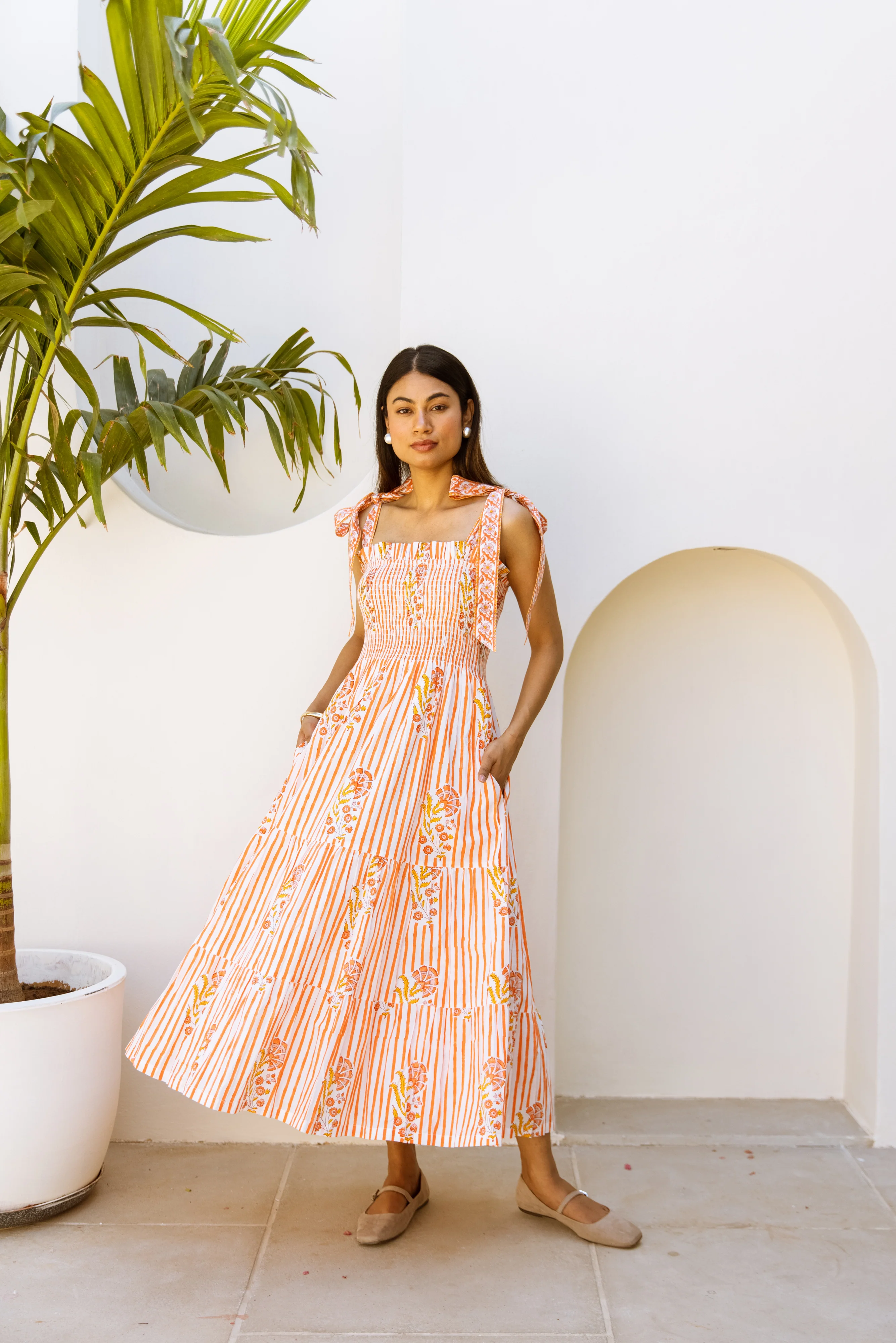 The Flo Sundress - Mughal Stripe in Tangerine - Happy Cabbage London