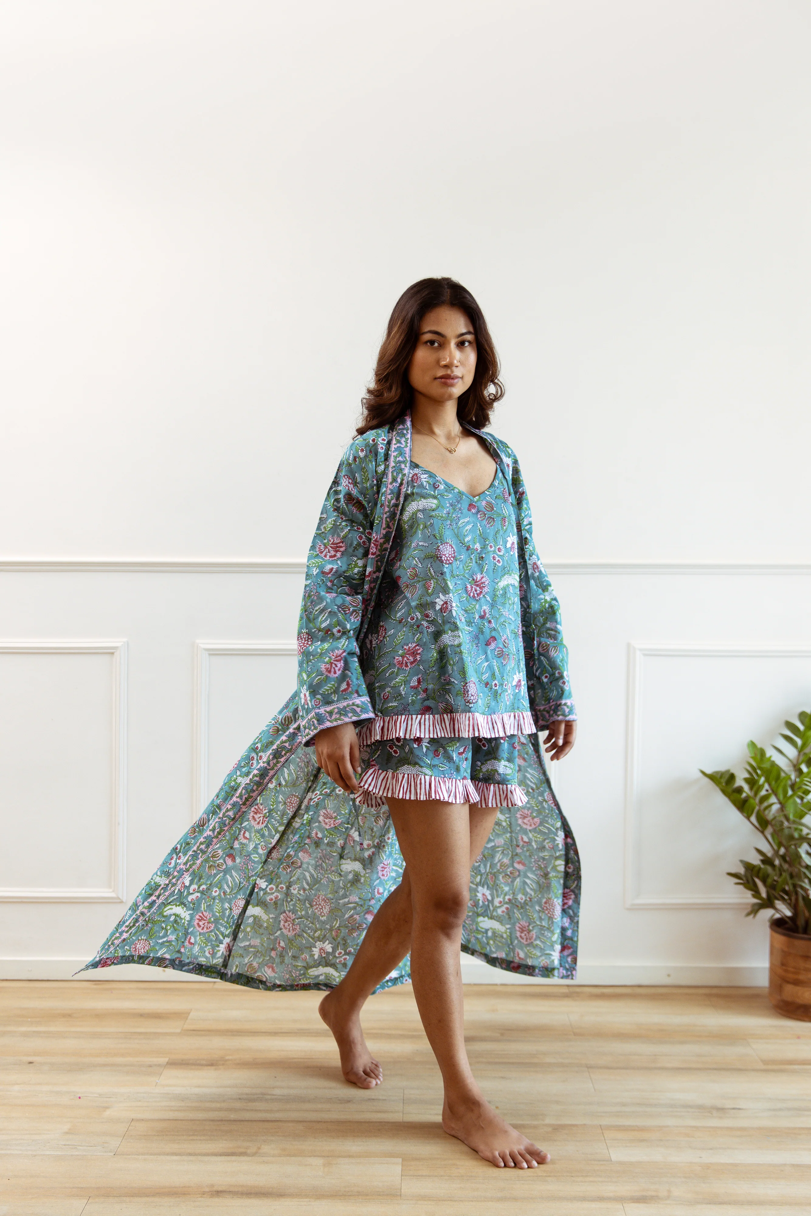 Long Cotton Robe - Teal Green Floral Print - Happy Cabbage London