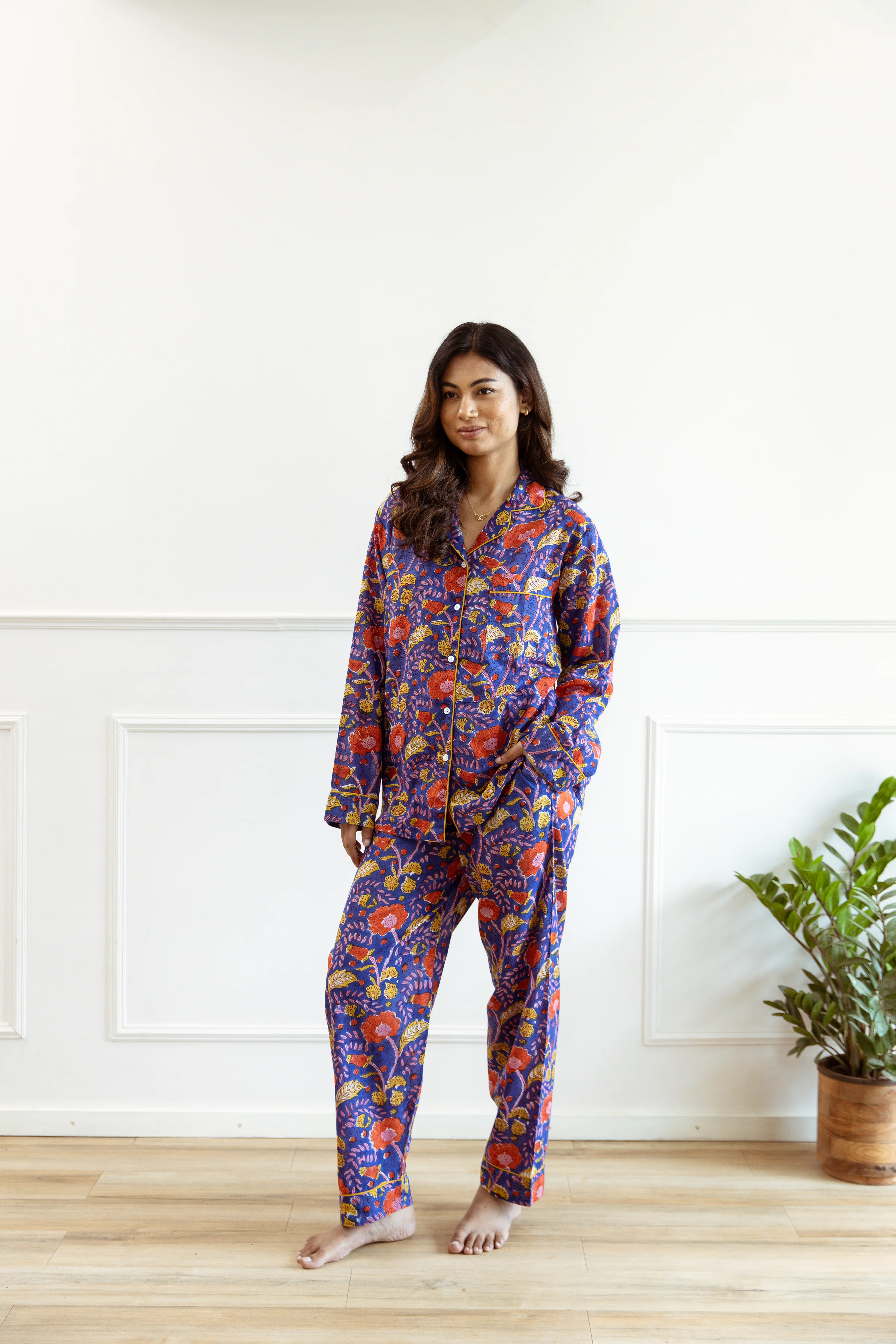 Long PJ Set - Blue & Red Floral Print - Happy Cabbage London