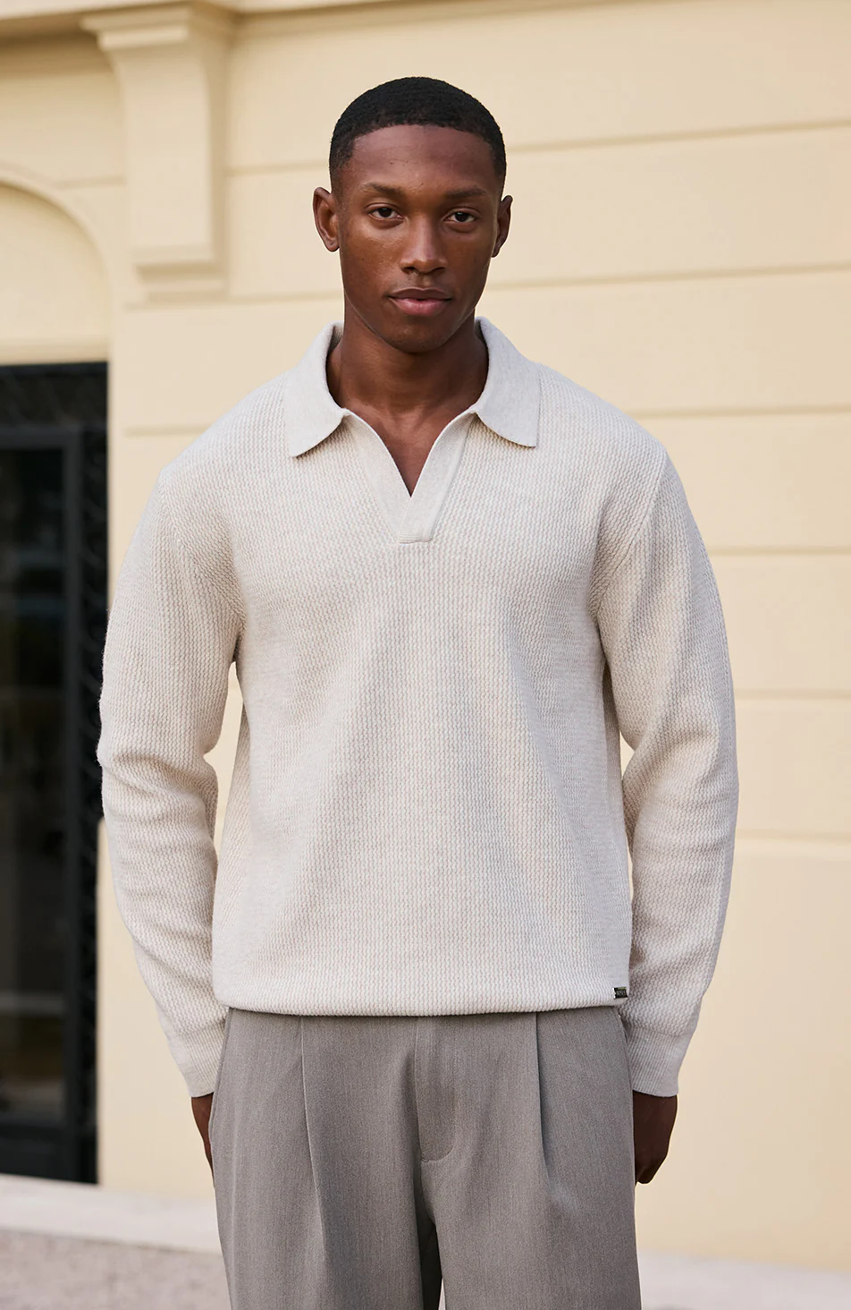 Dolce Relaxed Fit Long Sleeve Revere Jumper in Beige - Happy Cabbage London