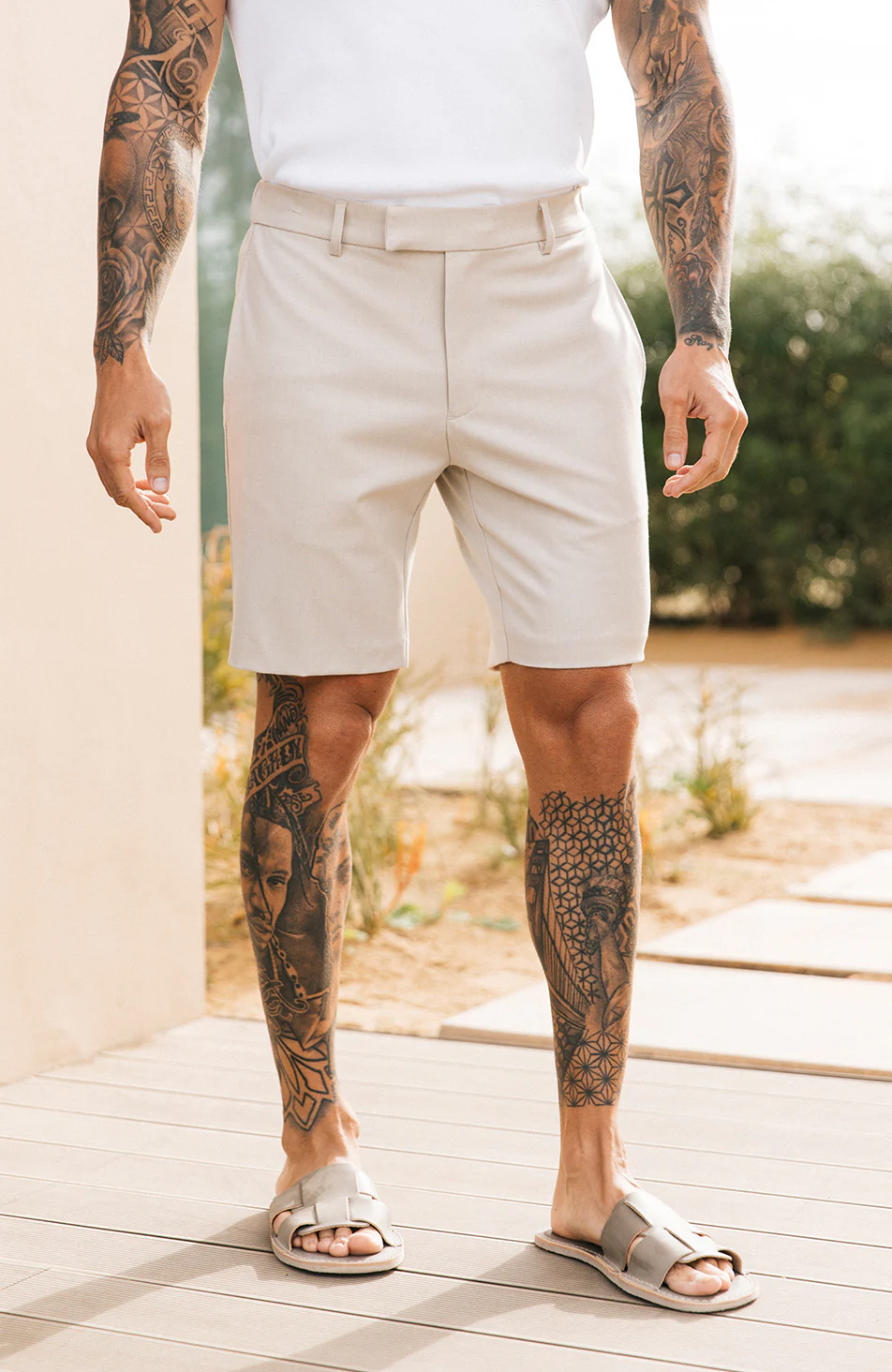 Aster Tailored Stretch Slim Fit Short in Beige - Happy Cabbage London