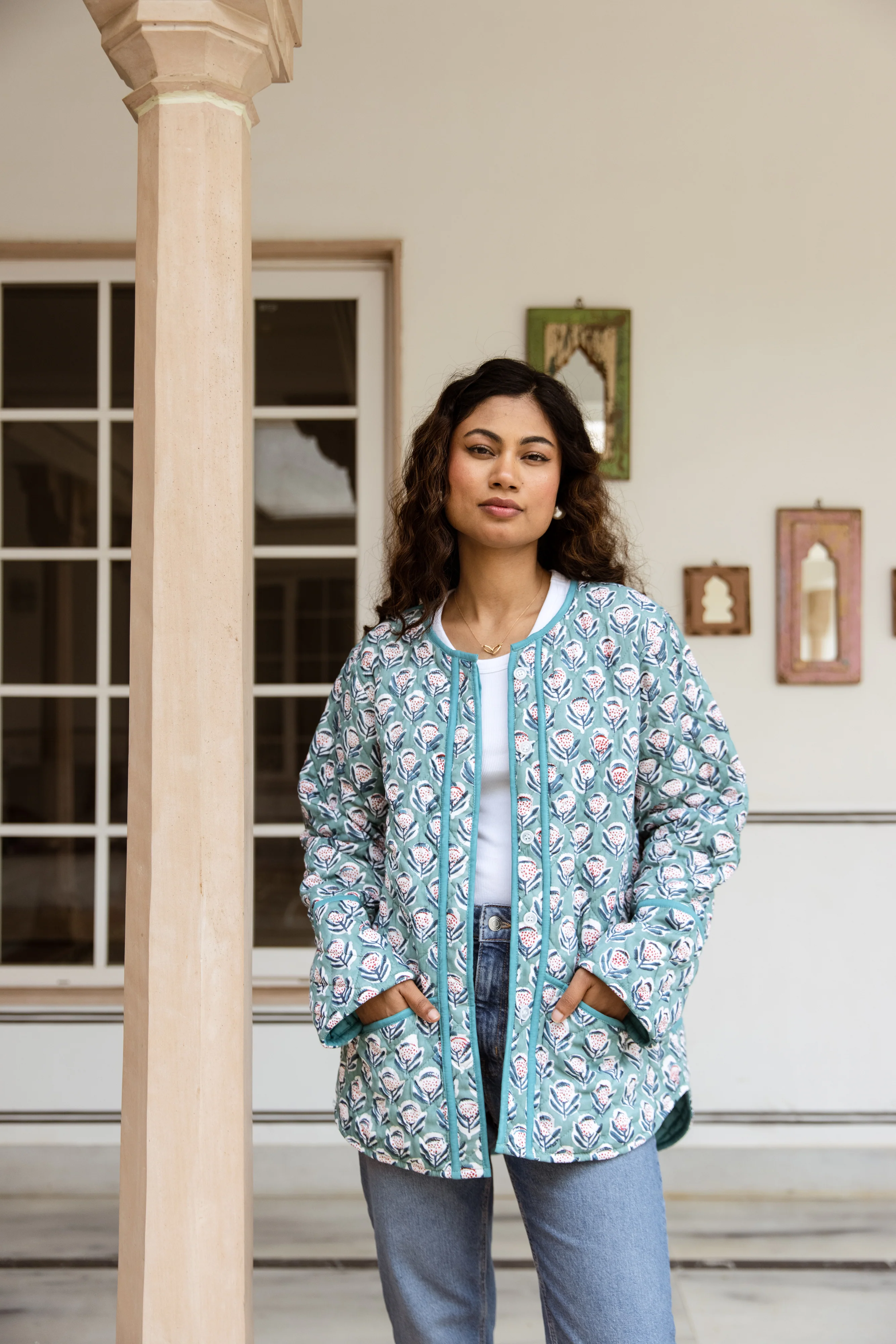 SALE Block Print Quilted Jacket - Blue - Happy Cabbage London