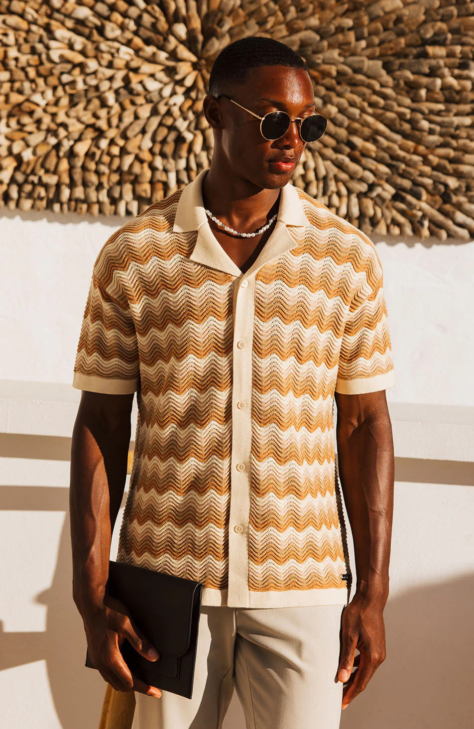 Aruba Textured Relaxed Fit Knitted Shirt in Beige - Happy Cabbage London