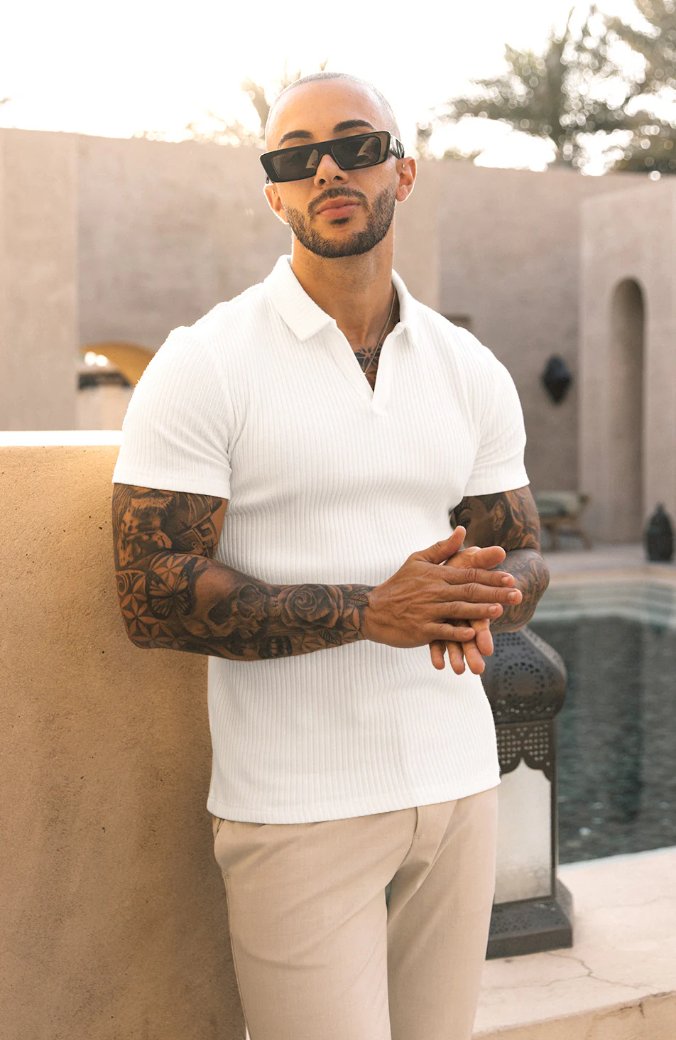 Elysee Slim Ribbed Revere Polo in White - Happy Cabbage London