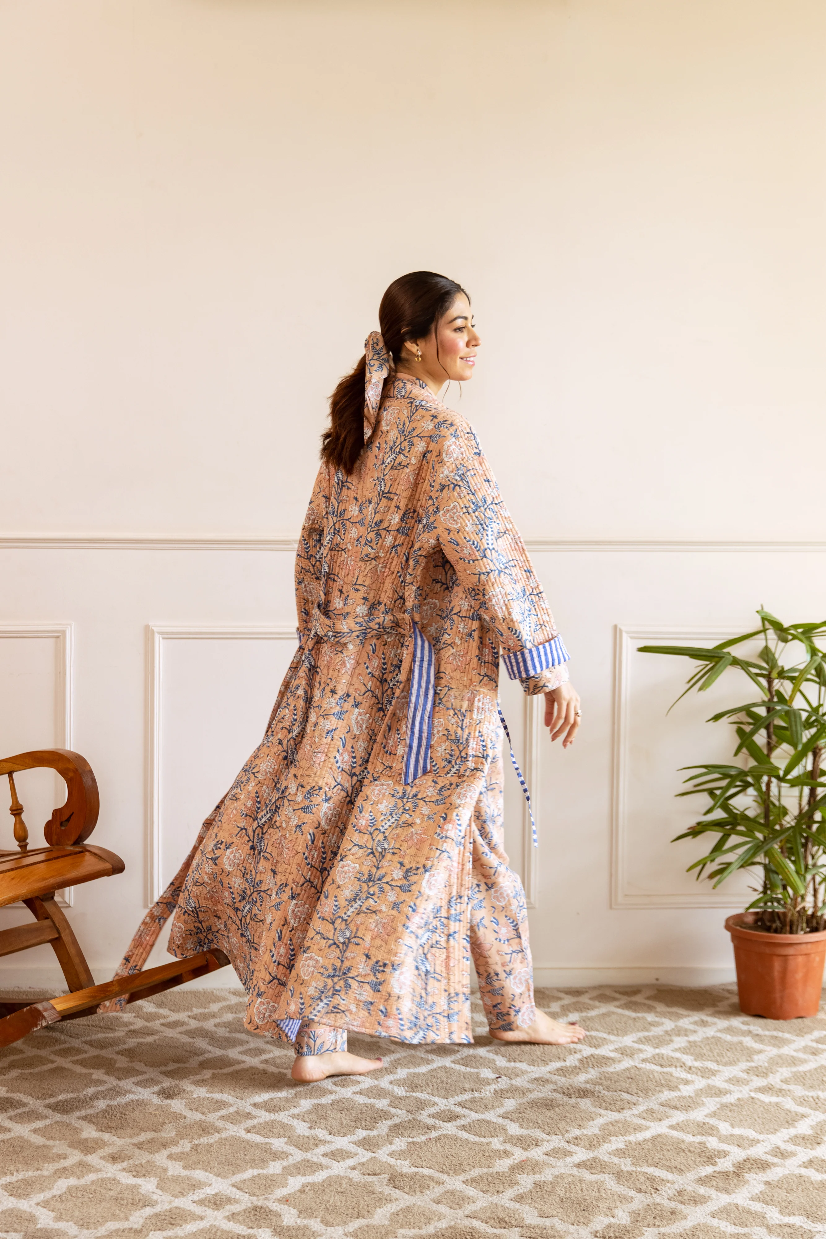 SALE Luxury Quilted Hand Block Print Robe - Soft Beige Rose - Happy Cabbage London