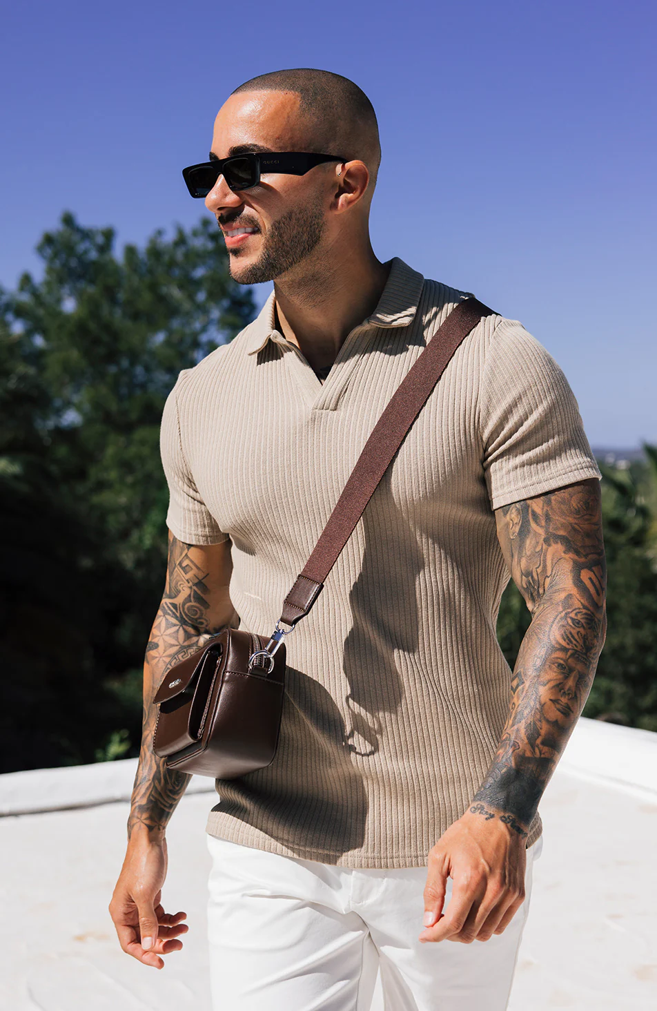 Elysee Slim Ribbed Revere Polo in Beige - Happy Cabbage London