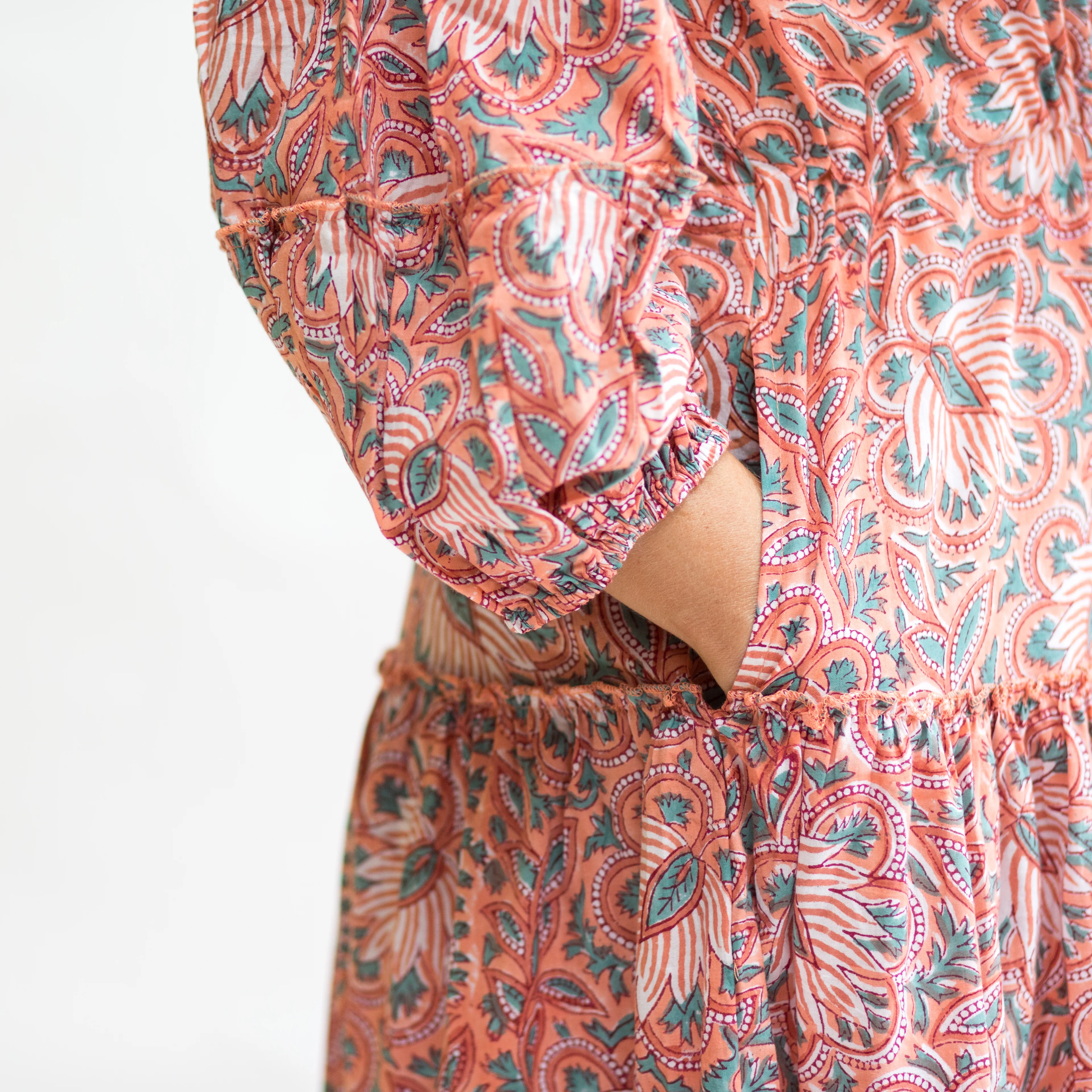 SALE Suri Cotton Block Print Dress - Coral & Blue - Happy Cabbage London