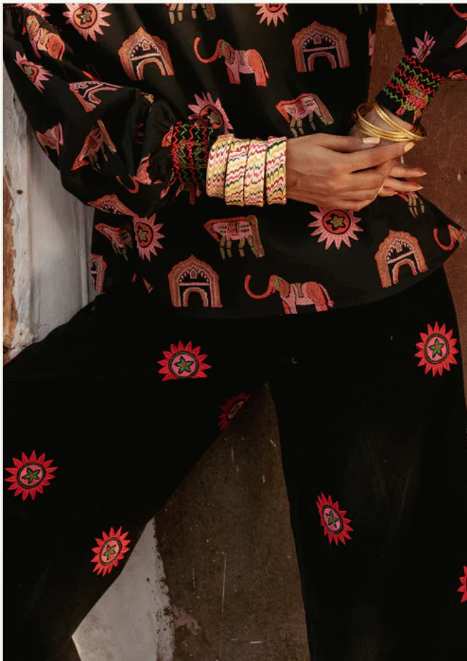 SALE Blossom Sun Embroidered trousers - Black Cord - Happy Cabbage London