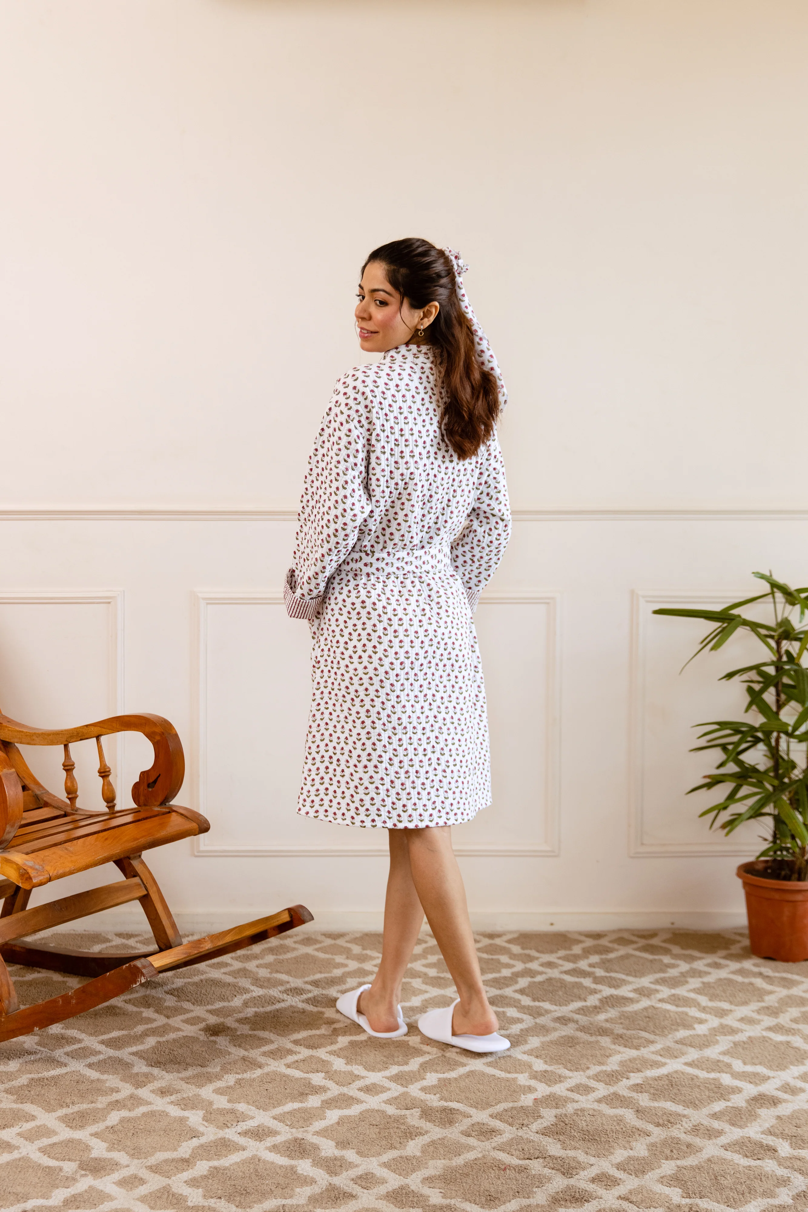 SALE Short Luxury Quilted Hand Block Print Robe - Wild Rose - Happy Cabbage London