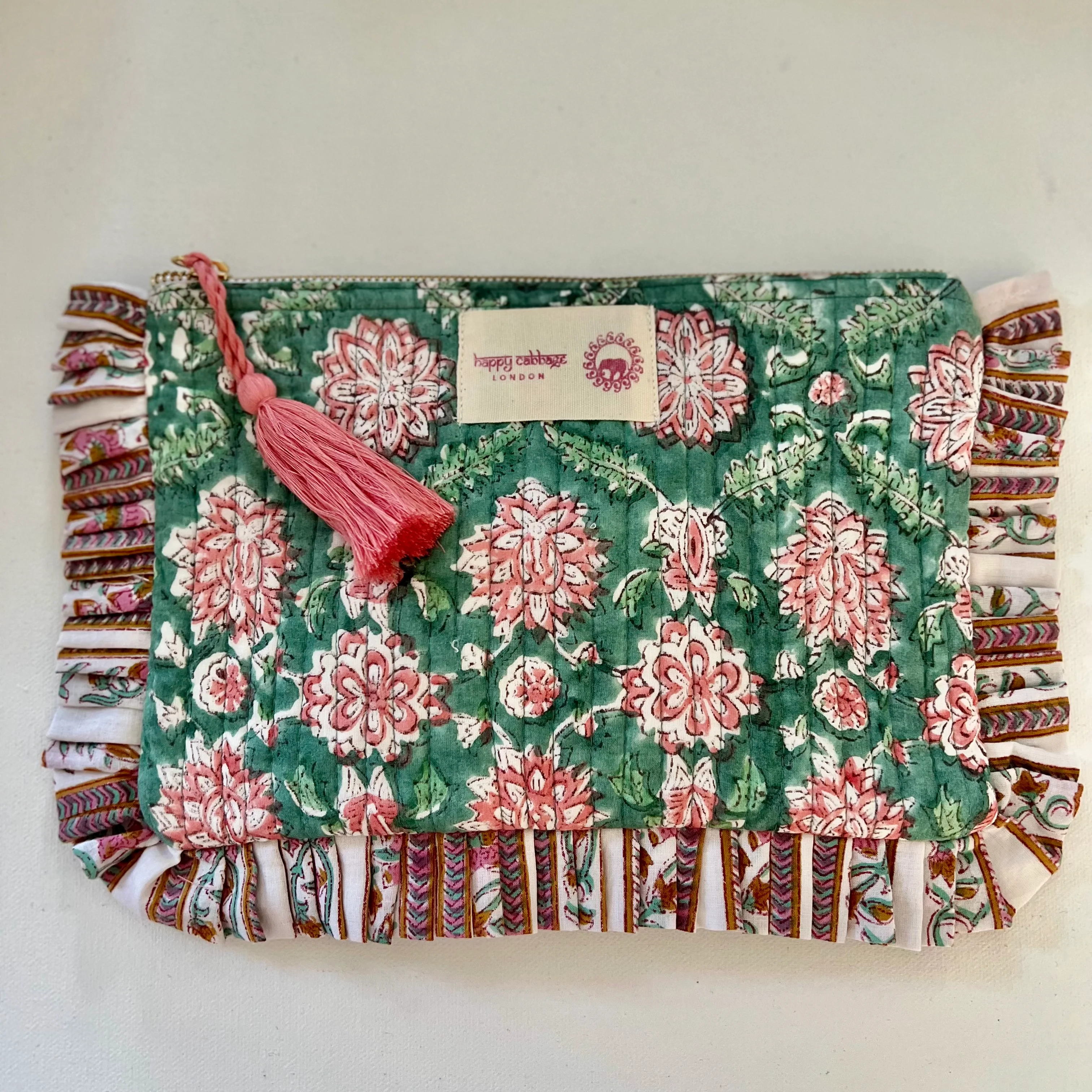 Block Printed Cotton Pouch - Pale Green & Pink - Happy Cabbage London
