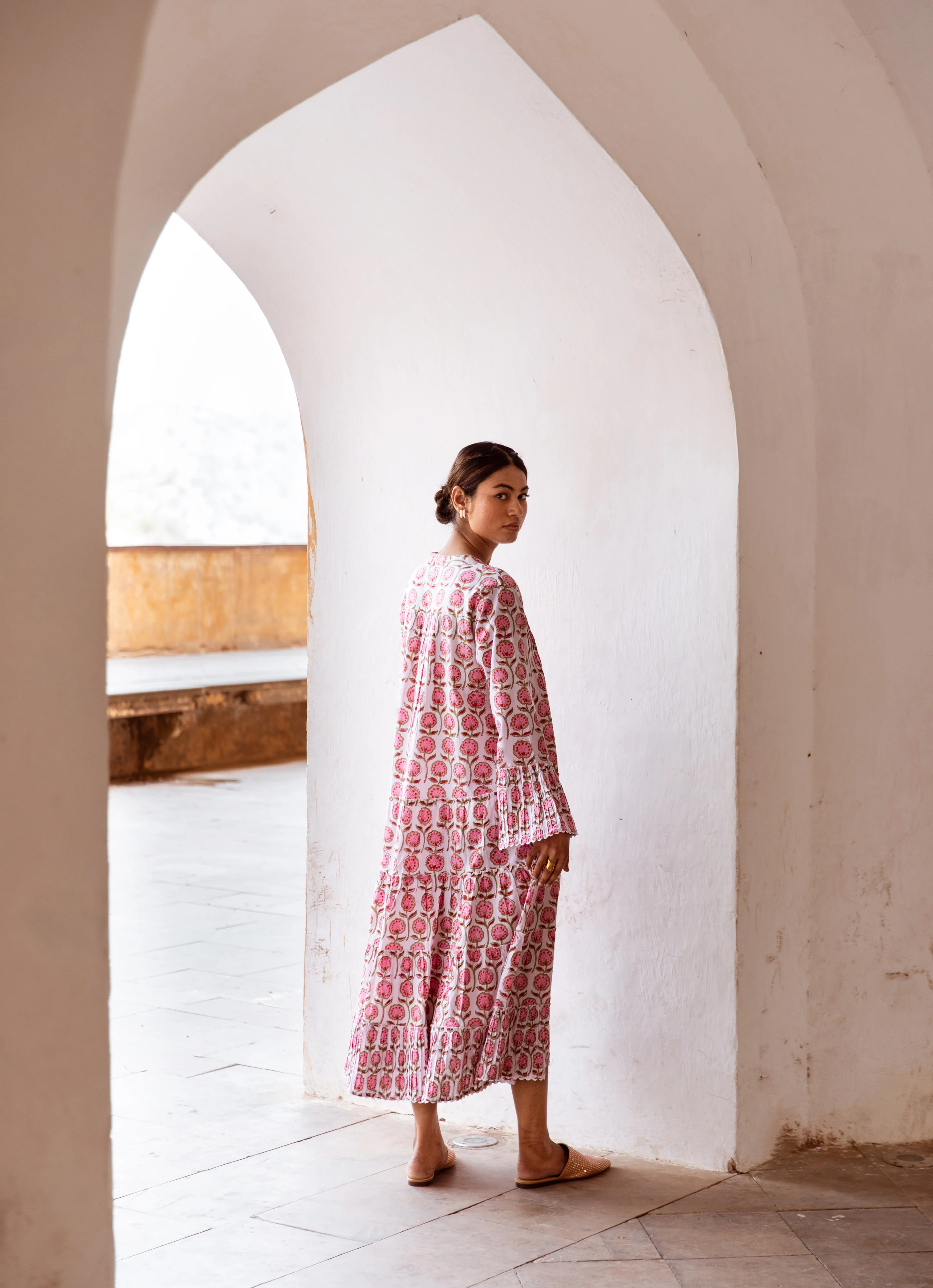 The Veda - Midi Cotton Block Print Dress - Pink Floral Print - Happy Cabbage London