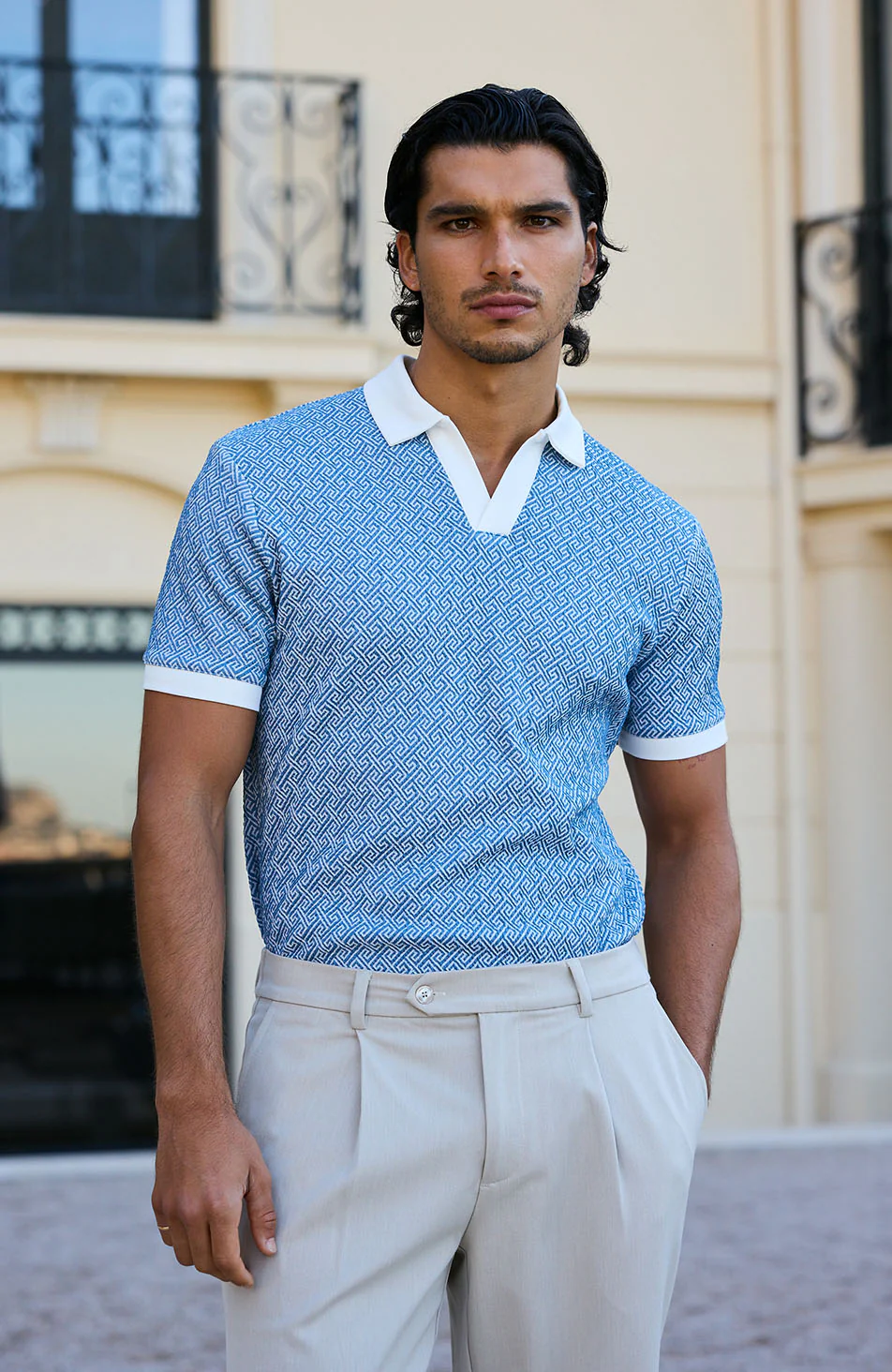 Calvi Swirl Geo Jacquard Slim Polo in Blue - Happy Cabbage London