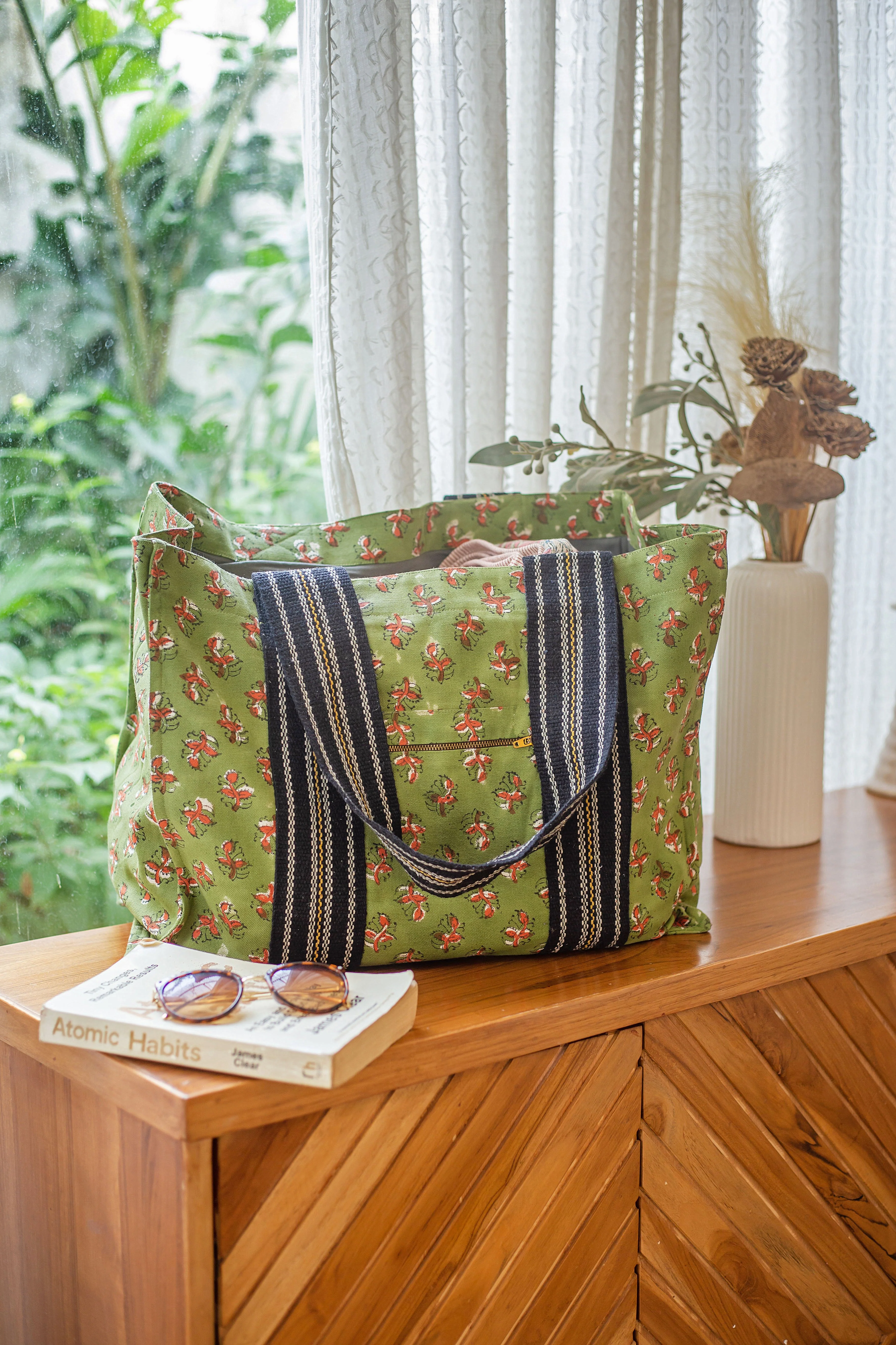 SALE Block Print Cotton Tote Bag - Olive Green - Happy Cabbage London