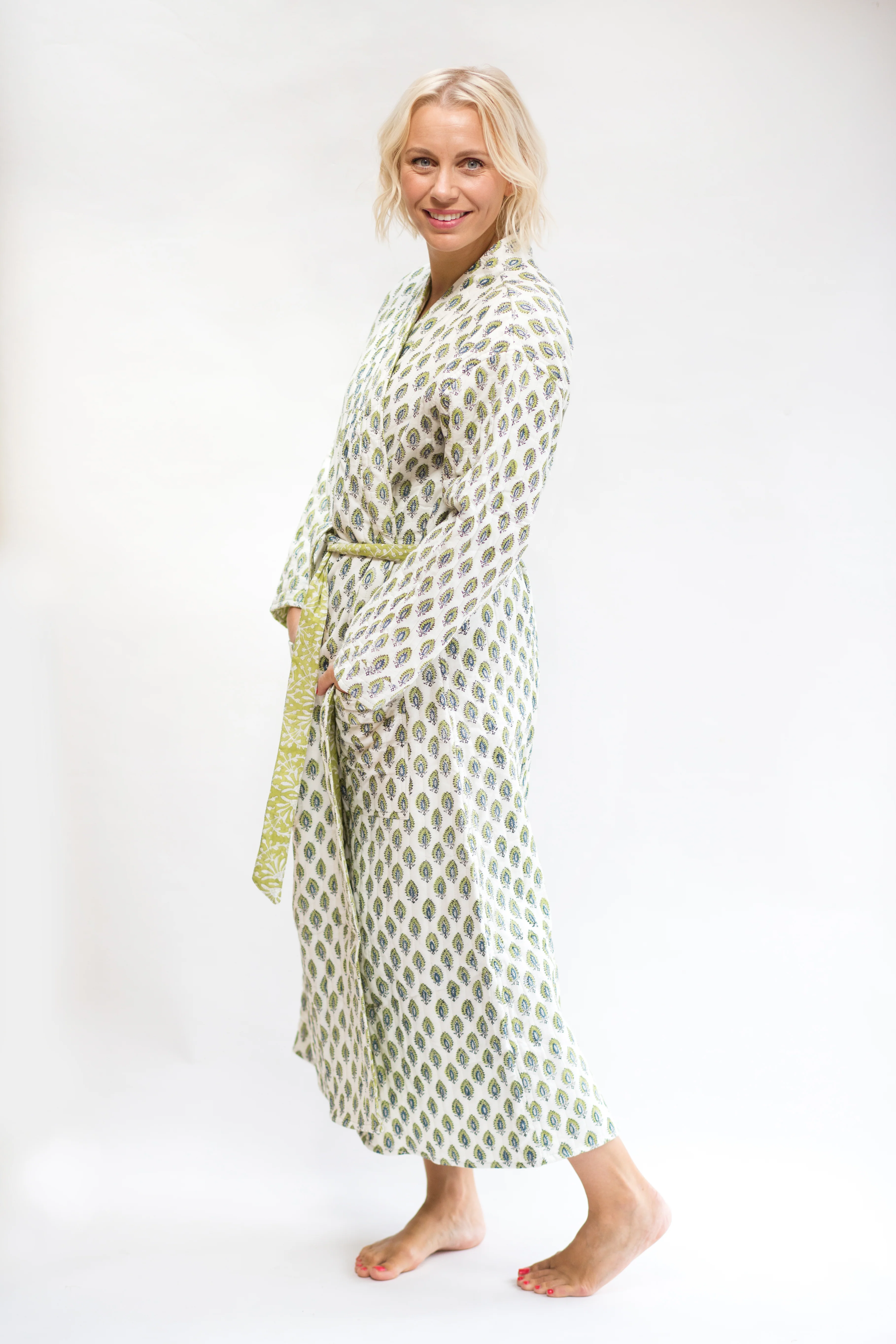 SALE Luxury Quilted Hand Block Print Robe - Green & Blue Print - Happy Cabbage London