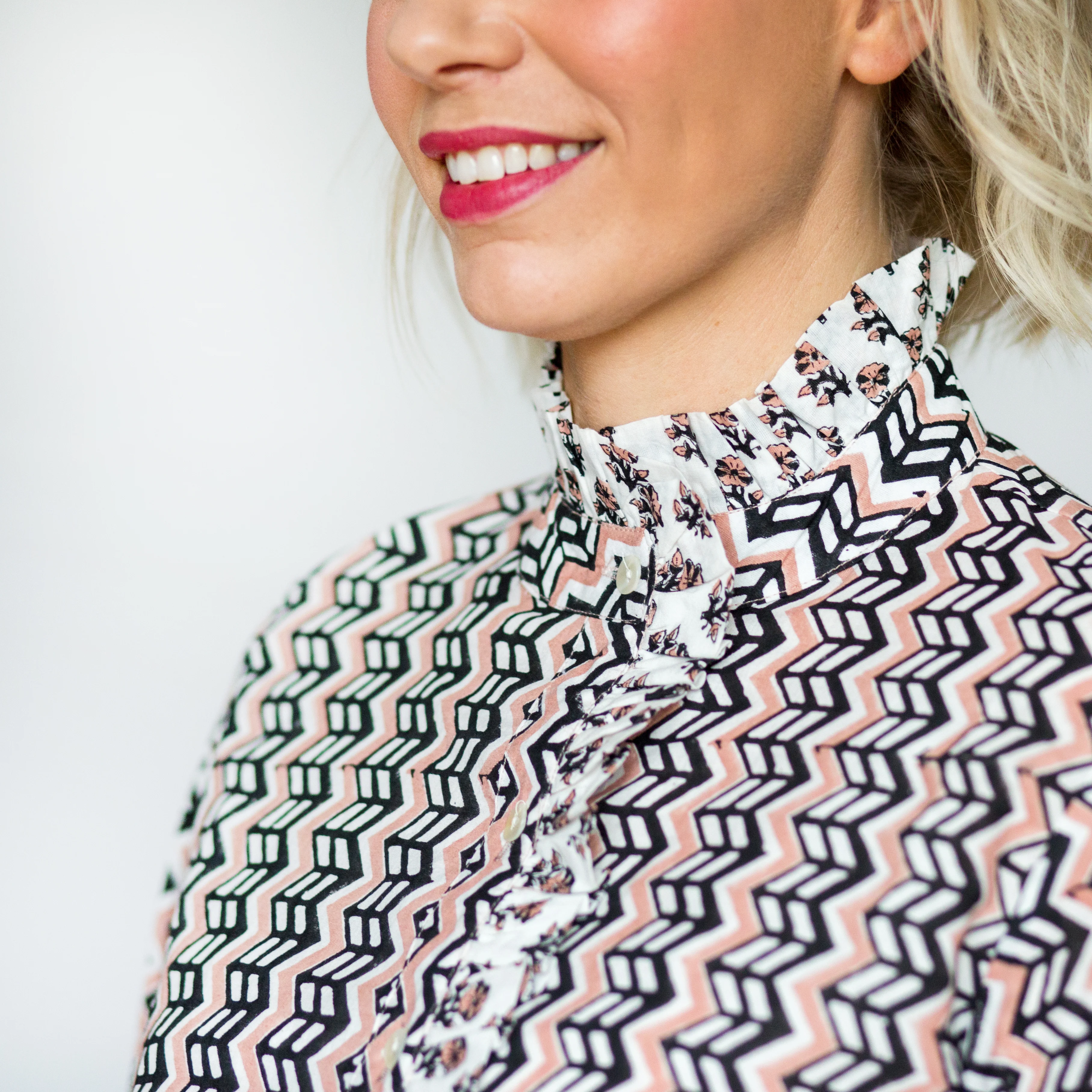 SALE Frill Collar Blouse - Pale Pink & Black Zig Zag Print - Happy Cabbage London