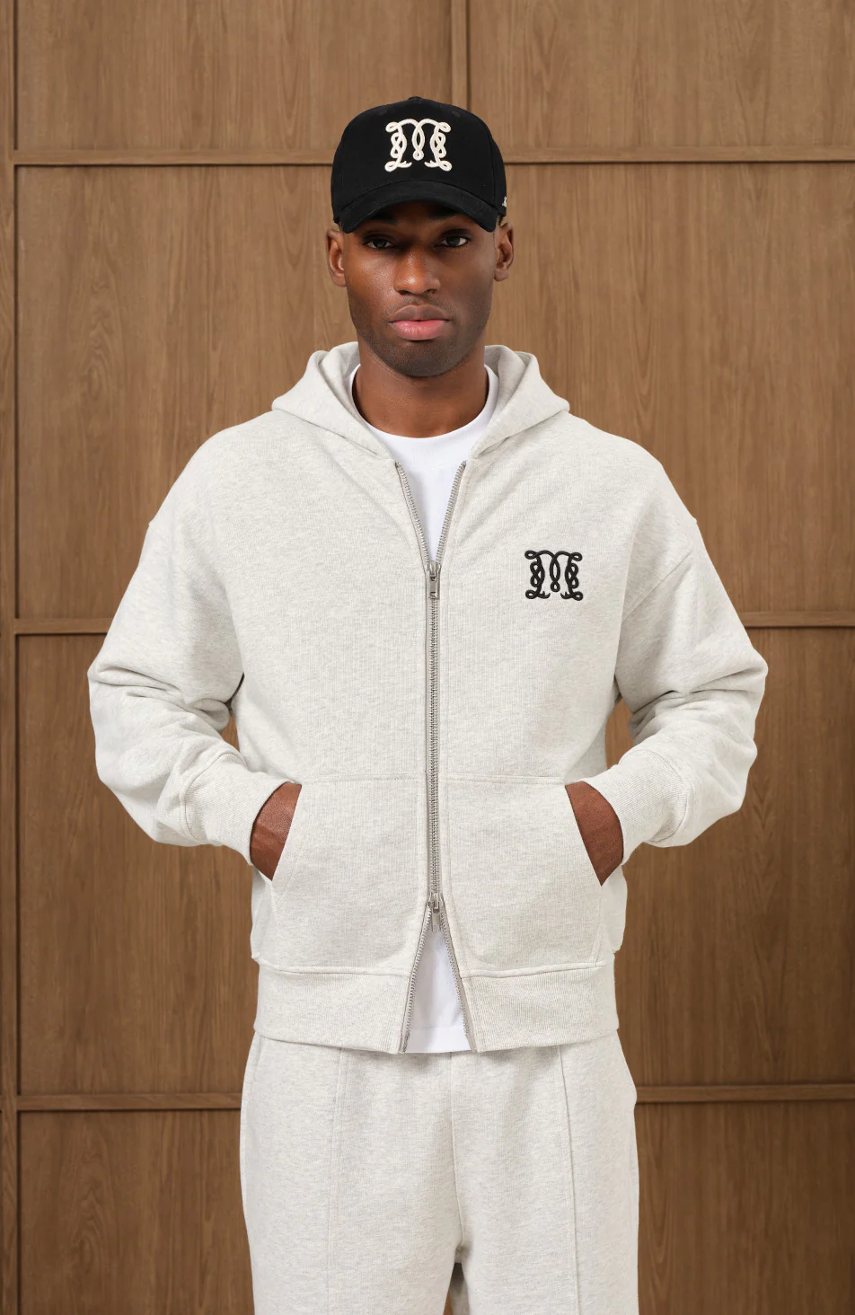 Embroidered Monogram Zip Through Hoodie in Grey Marl - Happy Cabbage London