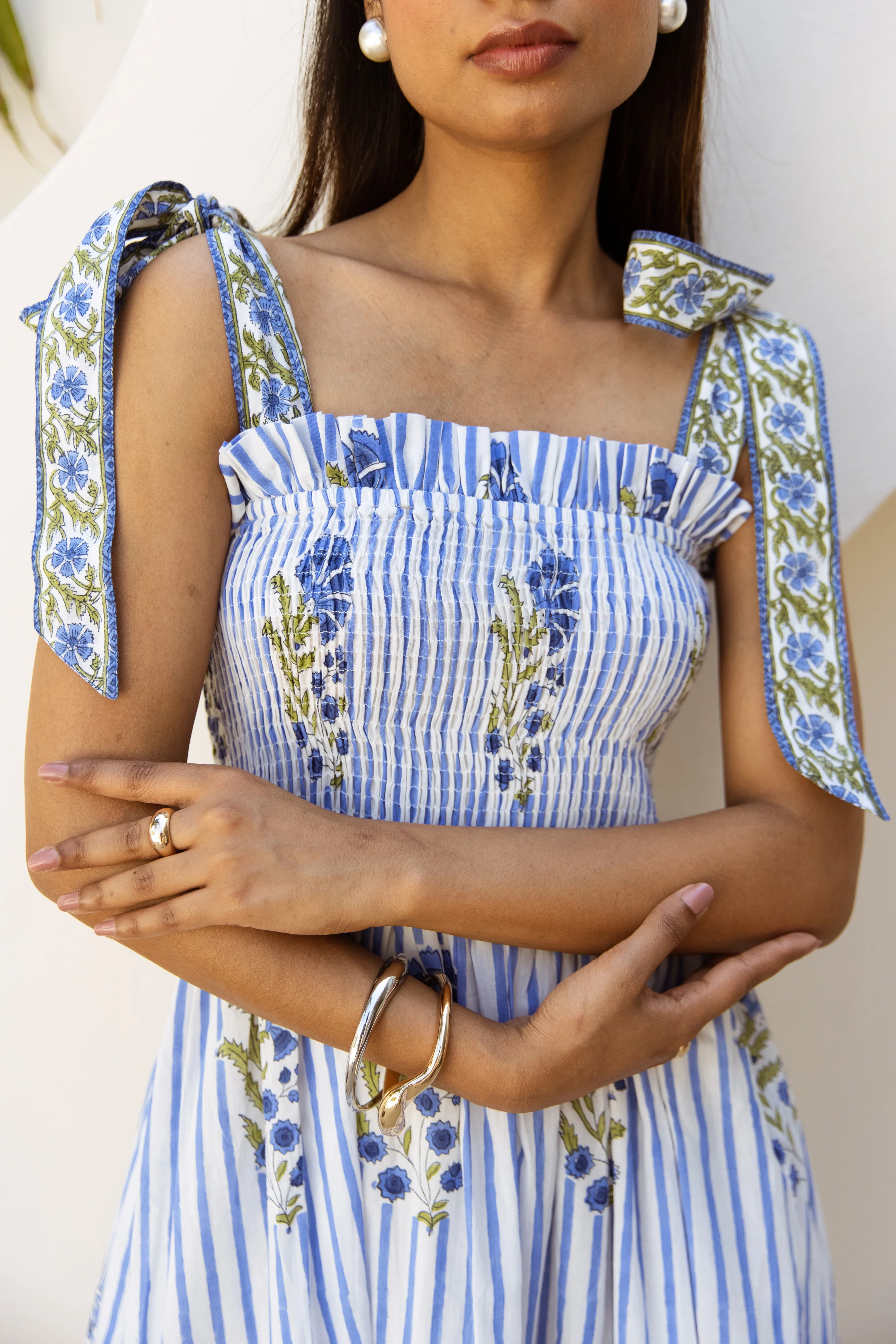 The Flo Sundress - Mughal Stripe Blue - Happy Cabbage London