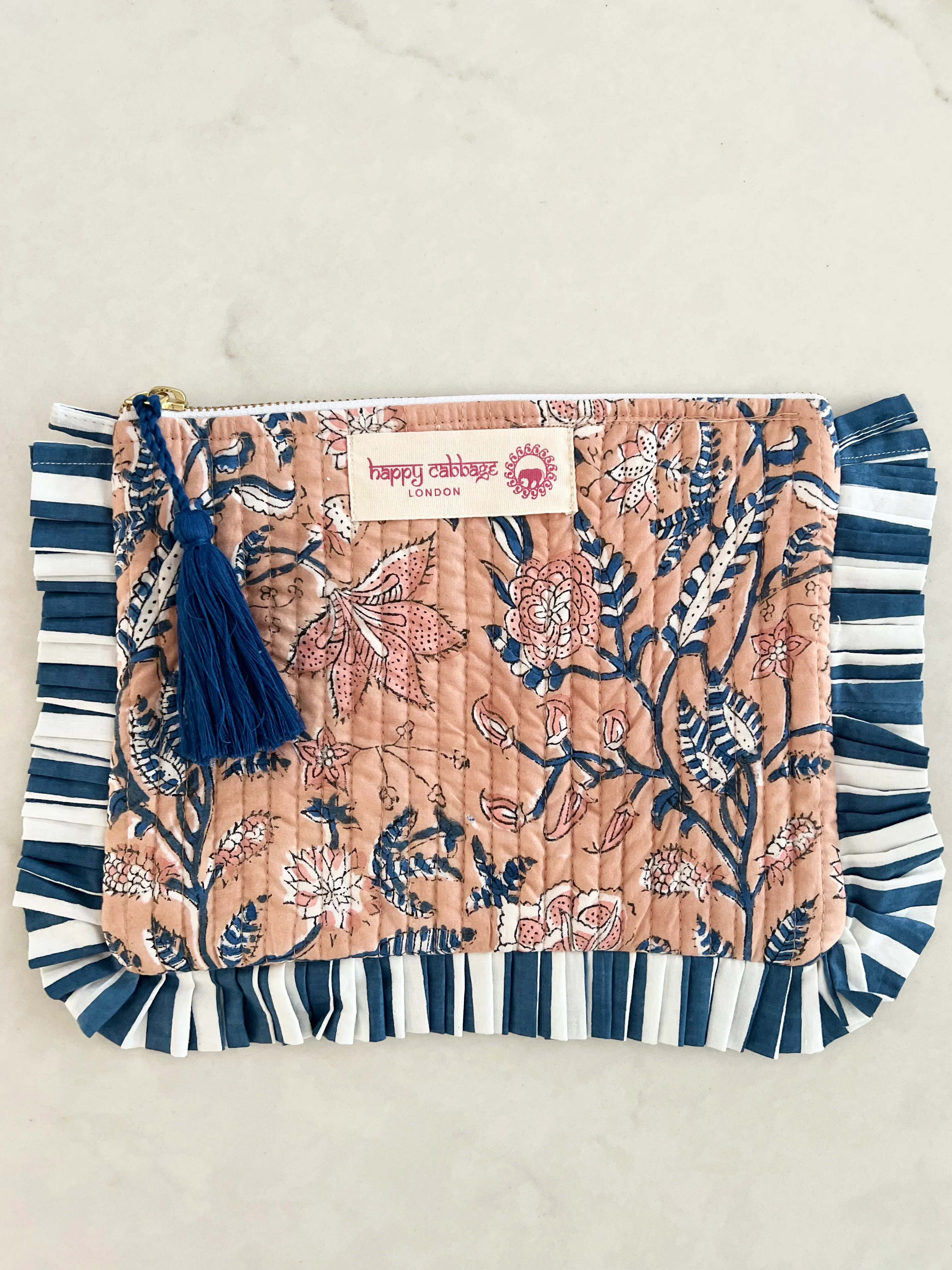 Block Print Cotton Pouch - Fawn & Navy - Happy Cabbage London