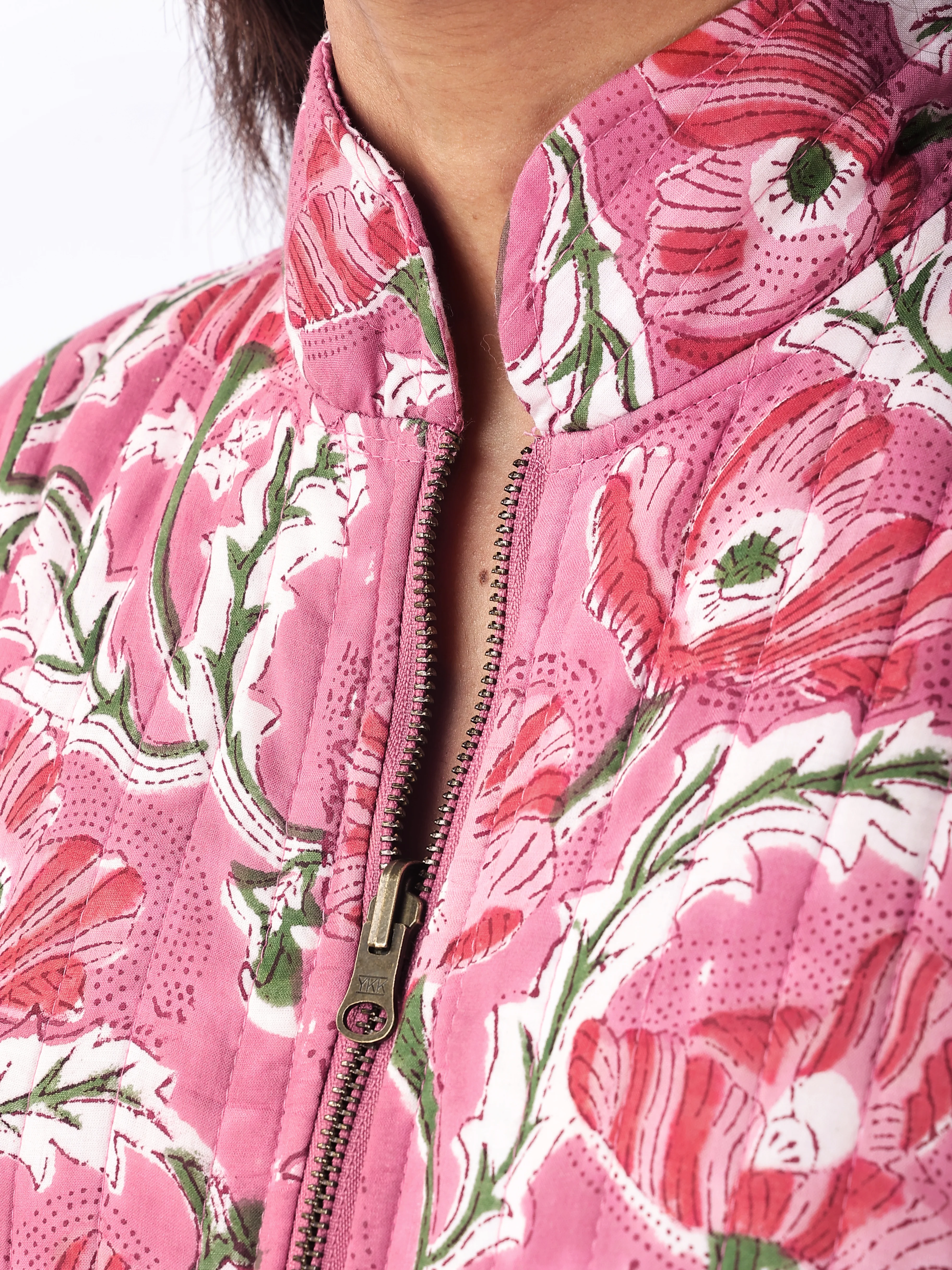 Reversible Zip Front, Luxury Quilted Hand Block Print Robe - Pink - Happy Cabbage London