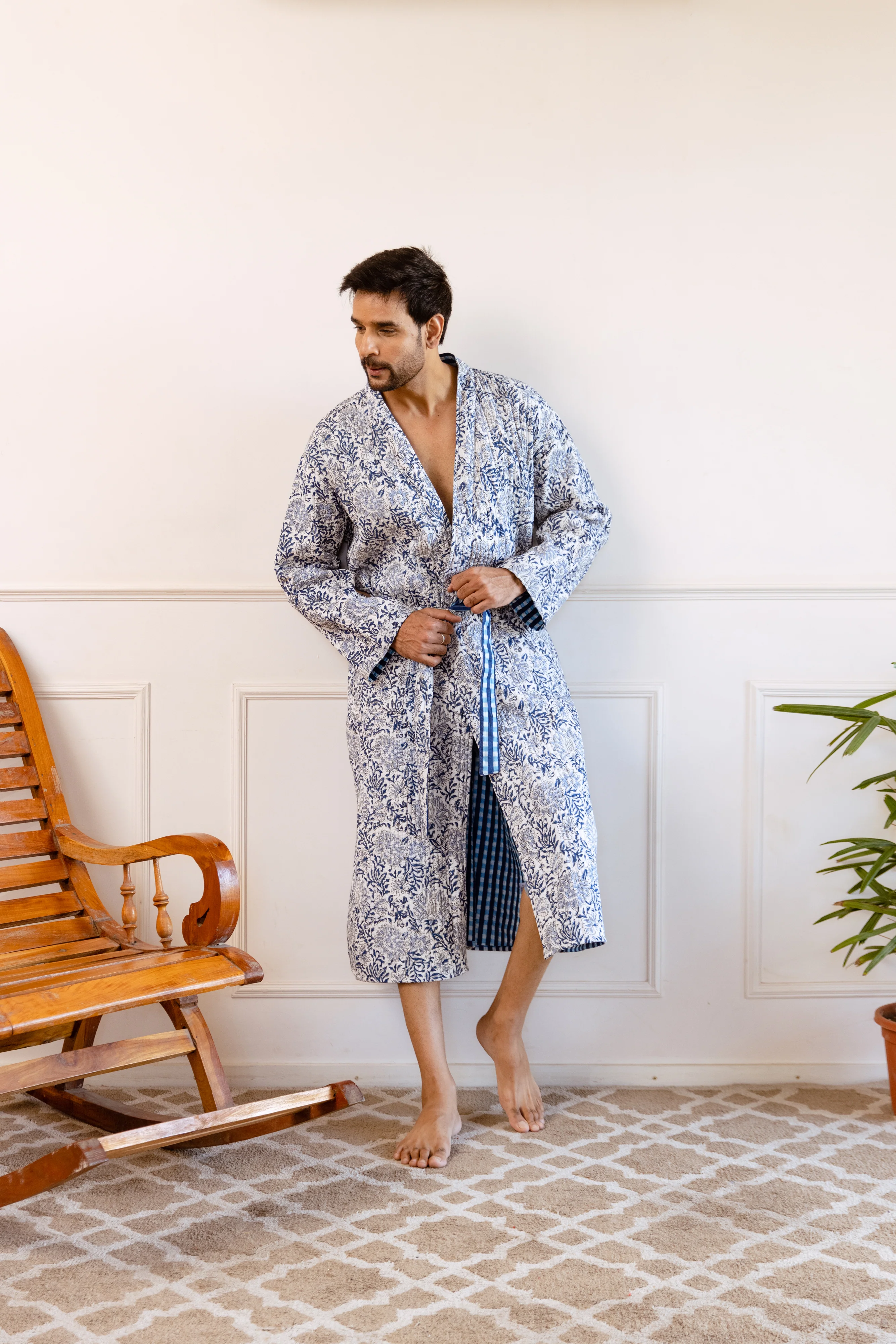 Men's Luxury Quilted Hand Block Print Robe - Indigo Garden - Happy Cabbage London