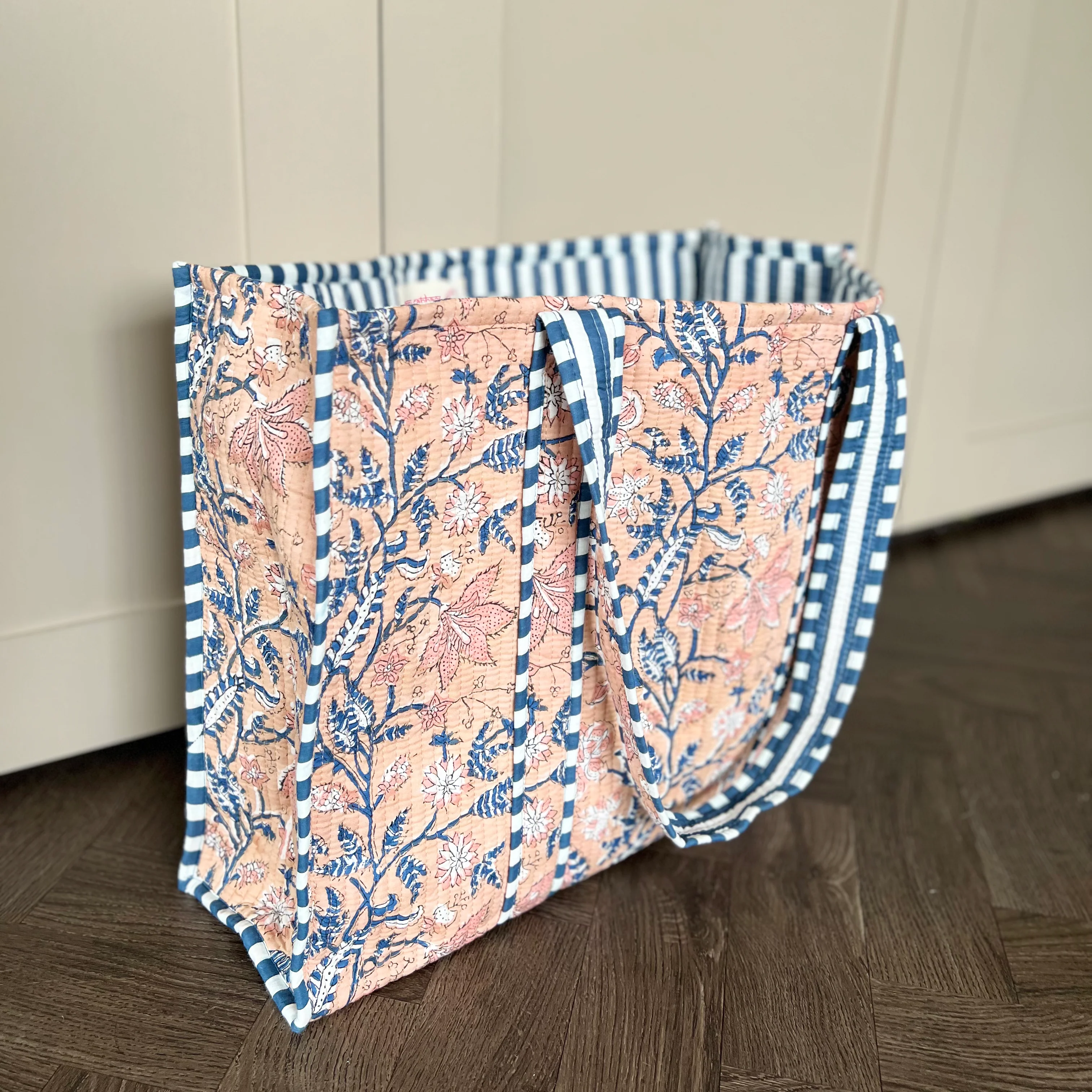 Block Print Cotton Tote Bag - Fawn & Navy - Happy Cabbage London