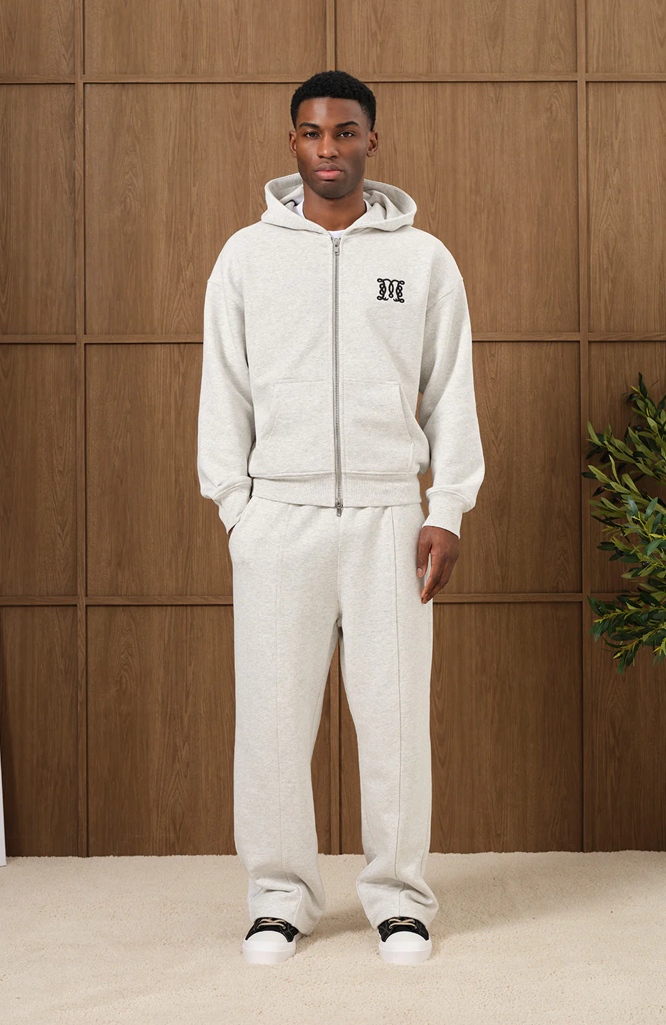 Embroidered Monogram Wide Leg Joggers in Grey Marl - Happy Cabbage London