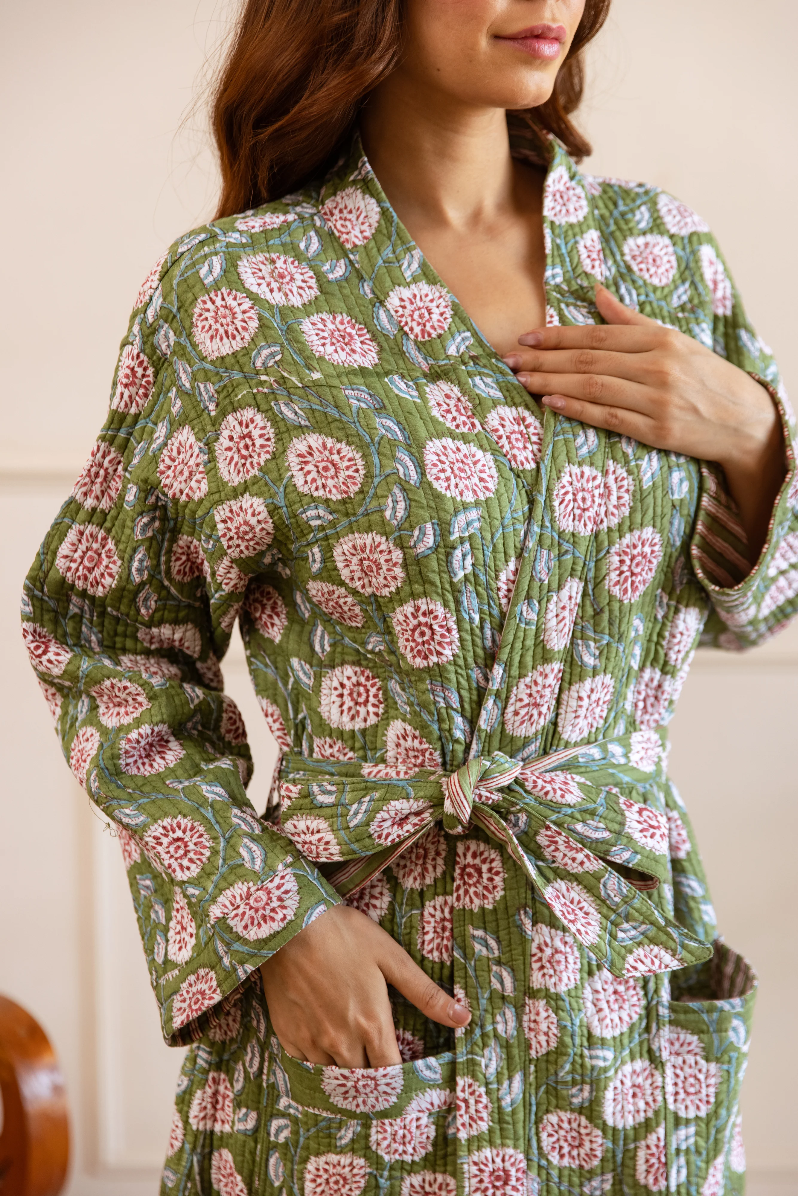 Luxury Quilted Hand Block Print Robe - Dusky Garden - Happy Cabbage London