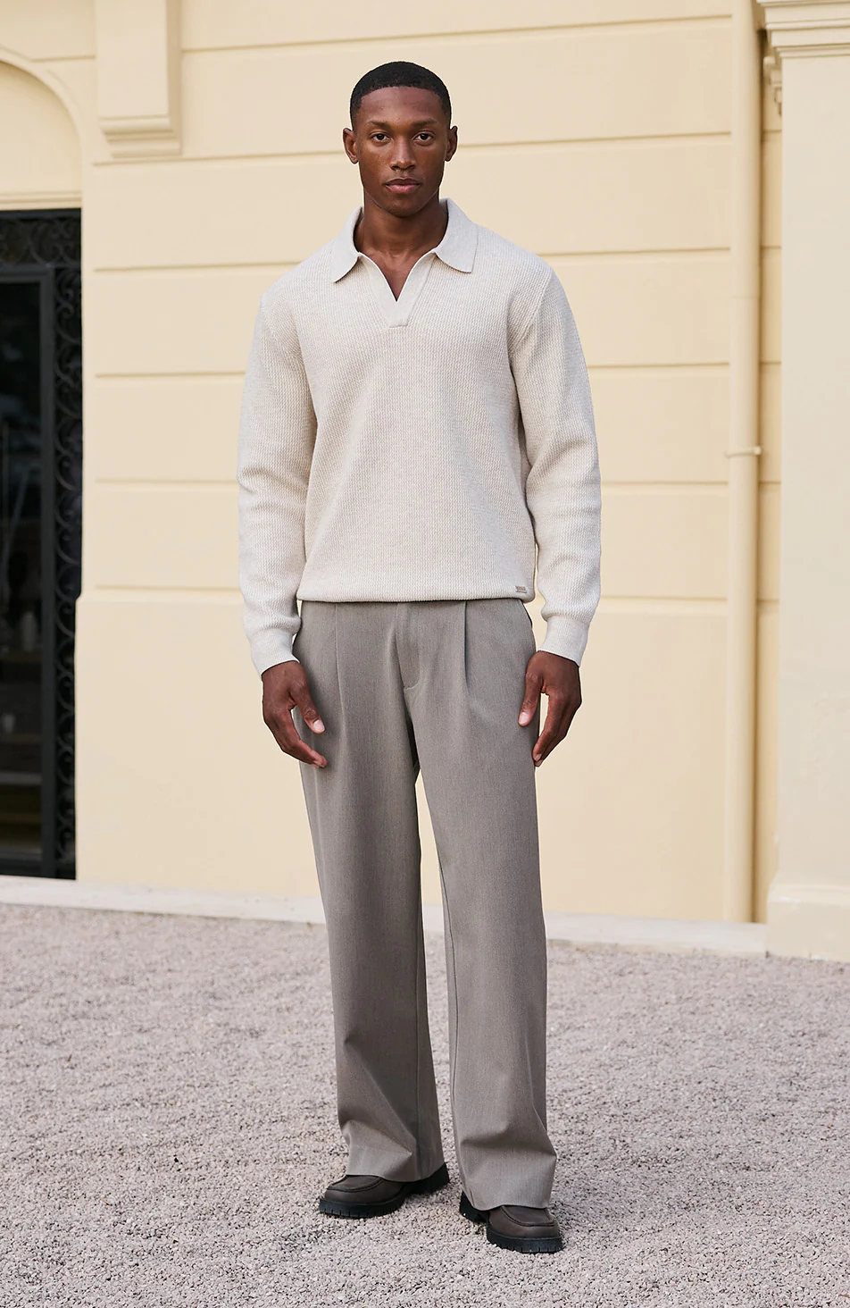 Dolce Relaxed Fit Long Sleeve Revere Jumper in Beige - Happy Cabbage London