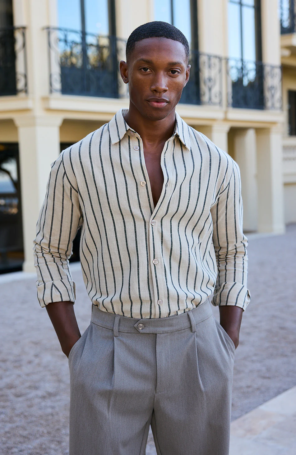 Arienzo Long Sleeve Stripe Shirt in Beige - Happy Cabbage London