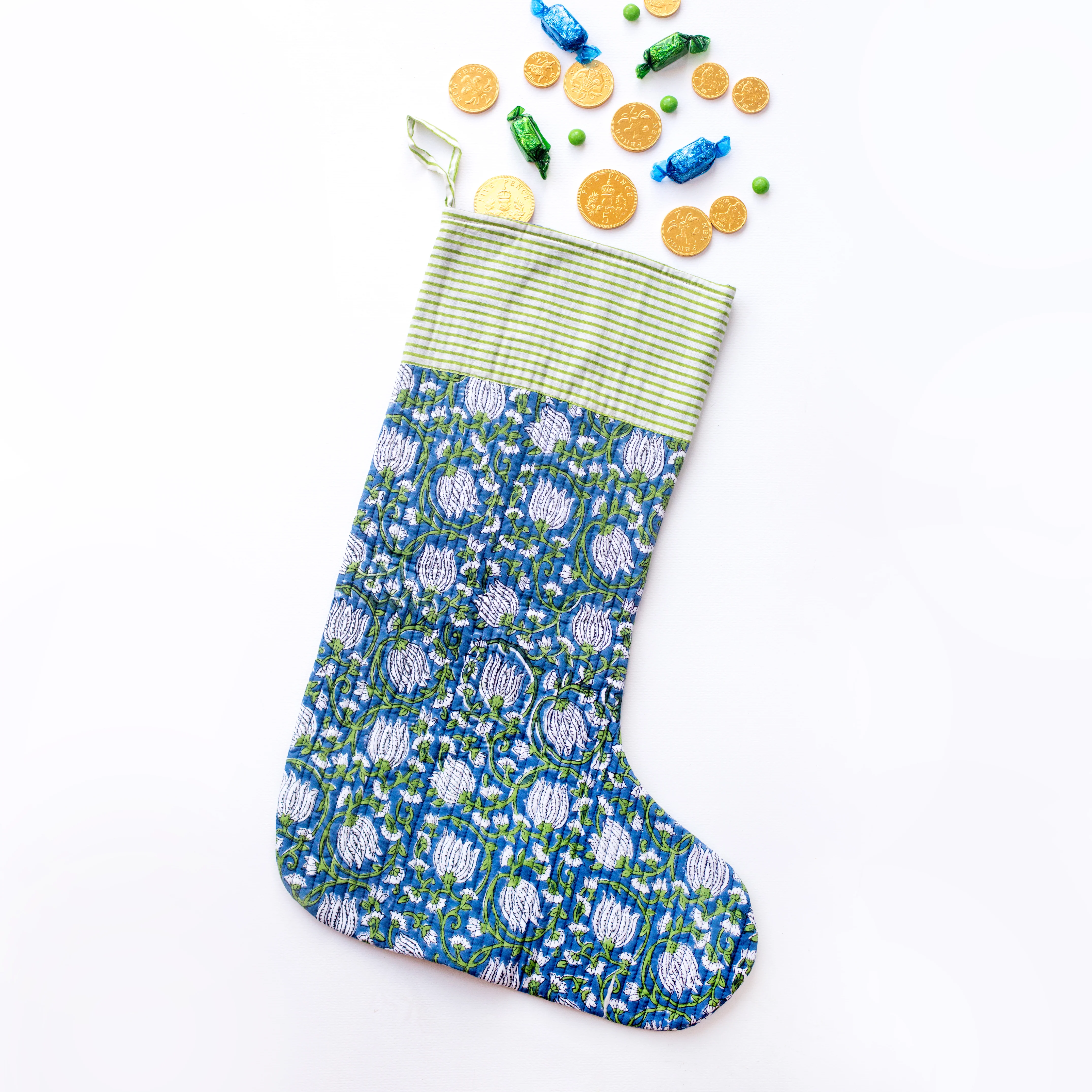 Luxury Quilted Christmas Stocking - Green & Blue - Happy Cabbage London