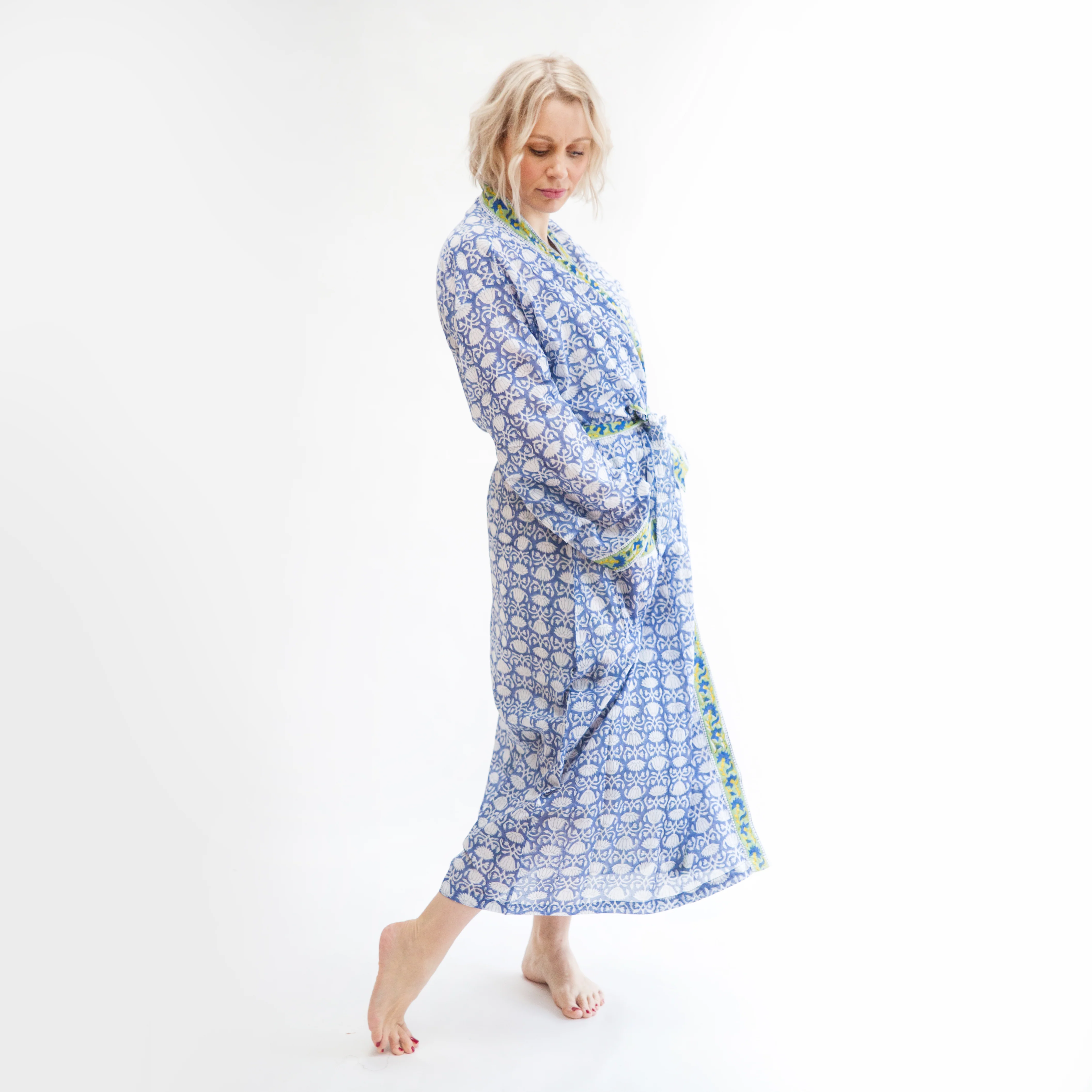 Plus Sizes Available - Lightweight Cotton Robe - Blue & White with Green Trim - Happy Cabbage London