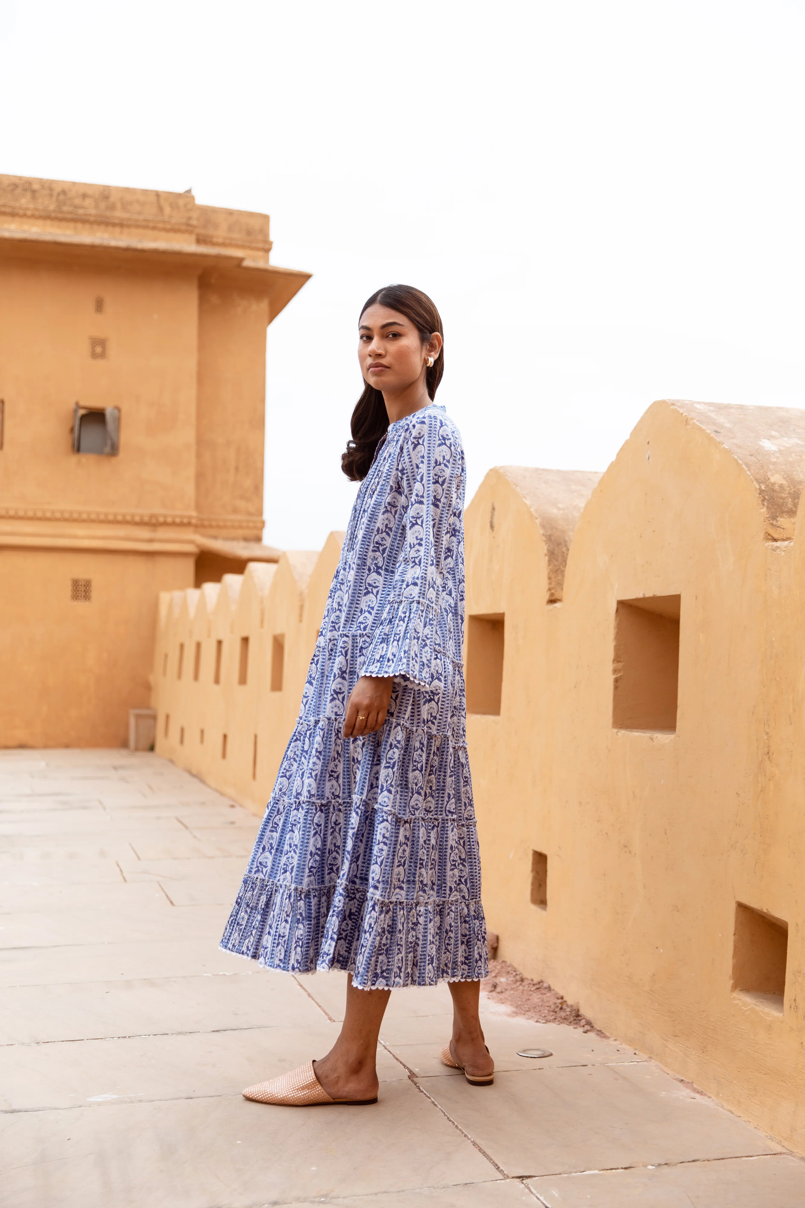 The Veda - Midi Cotton Block Print Dress - Blue Floral Print - Happy Cabbage London