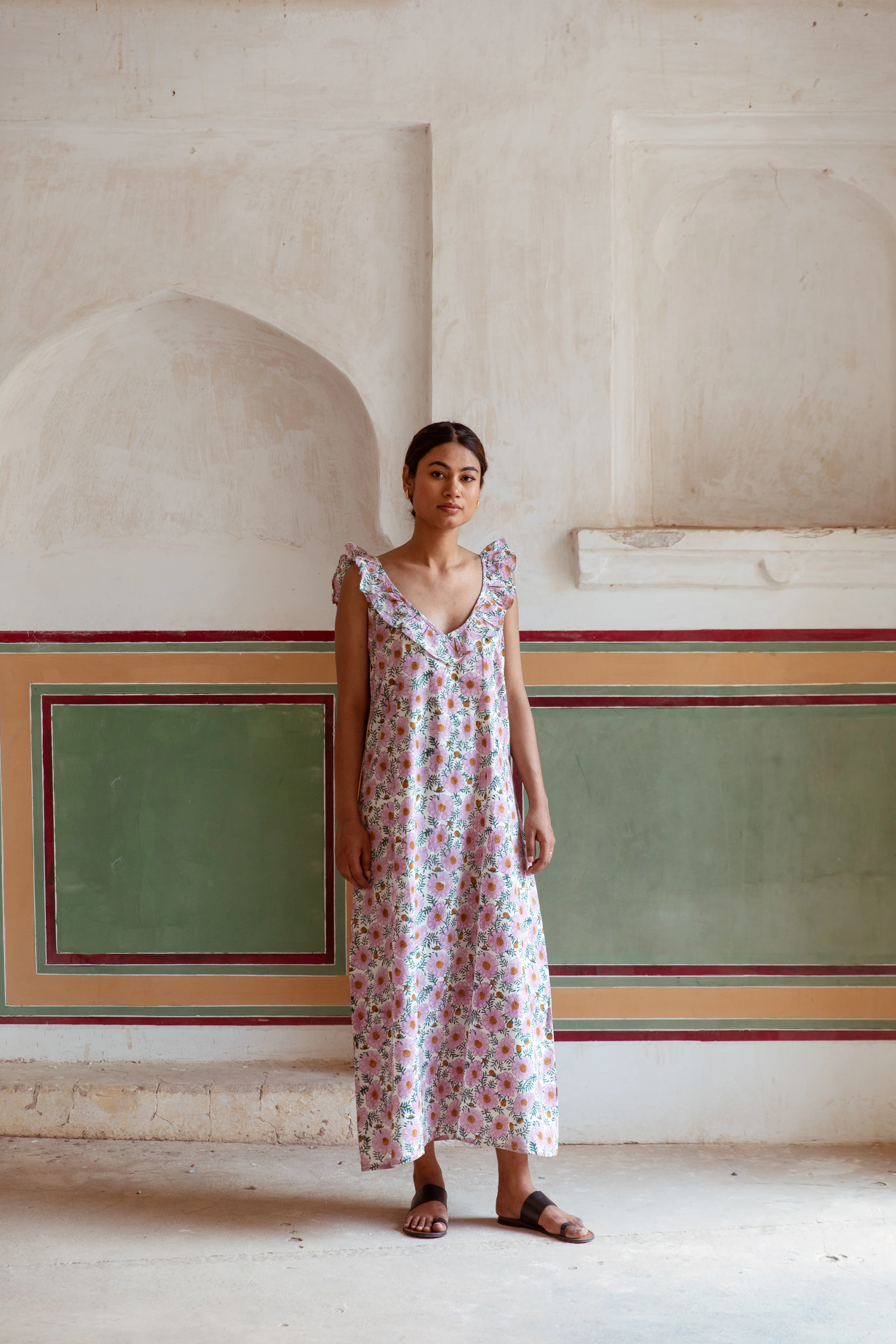 Block Print Cotton Nightdress - Pink Daisy Print - Happy Cabbage London