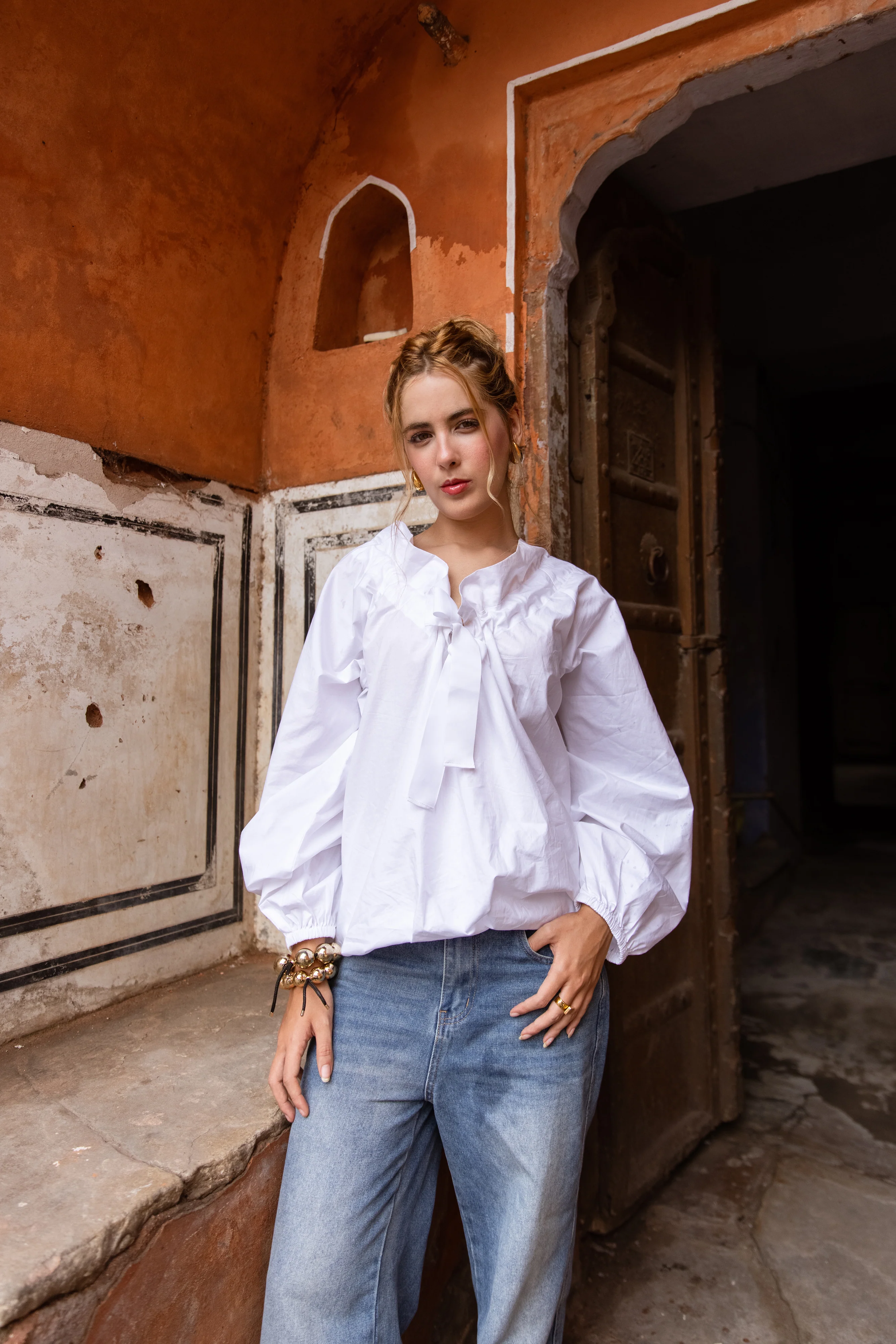 SALE White Cotton Blouse with Bow Neckline - Happy Cabbage London