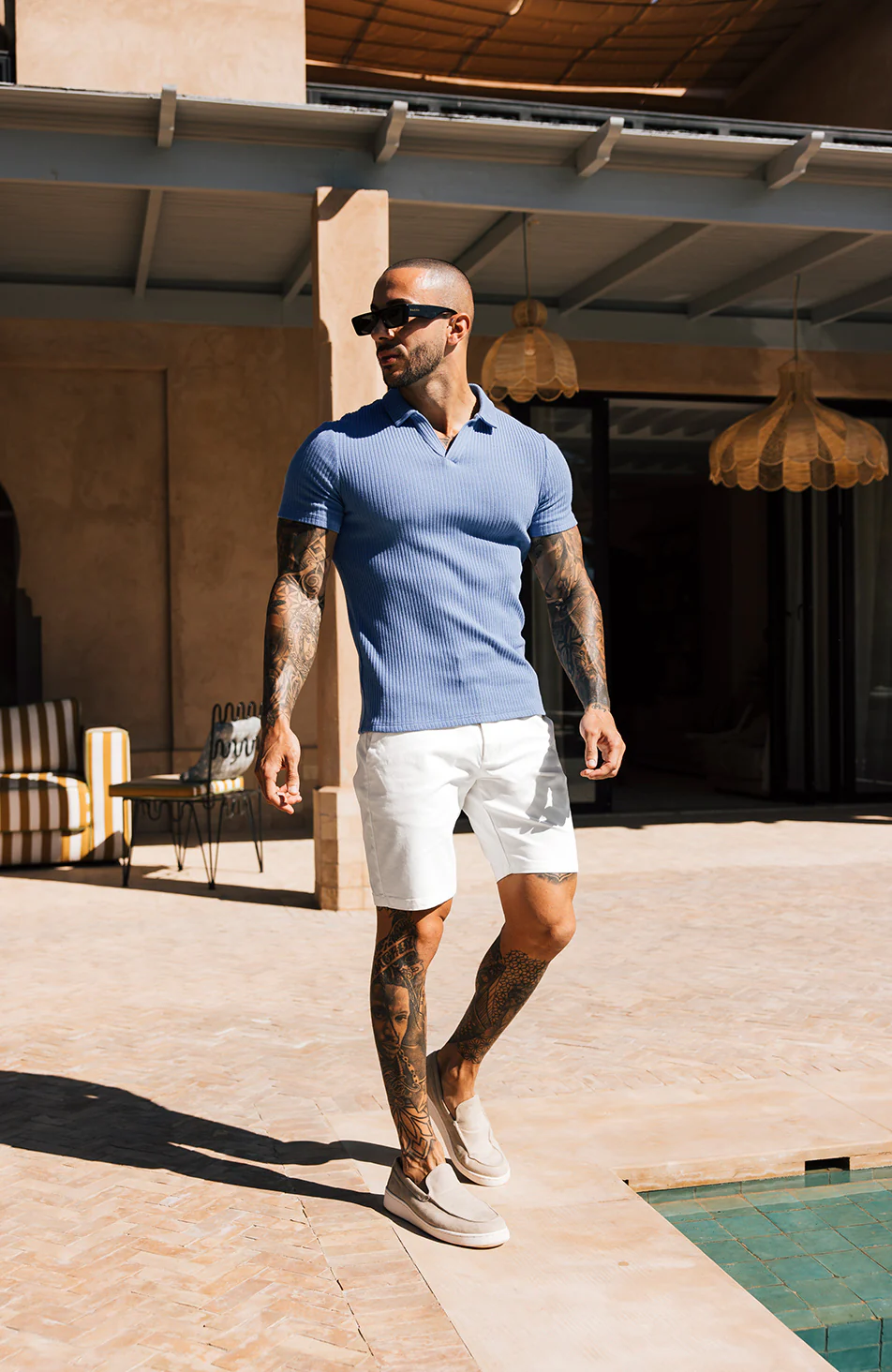 Elysee Slim Ribbed Revere Polo in Blue - Happy Cabbage London