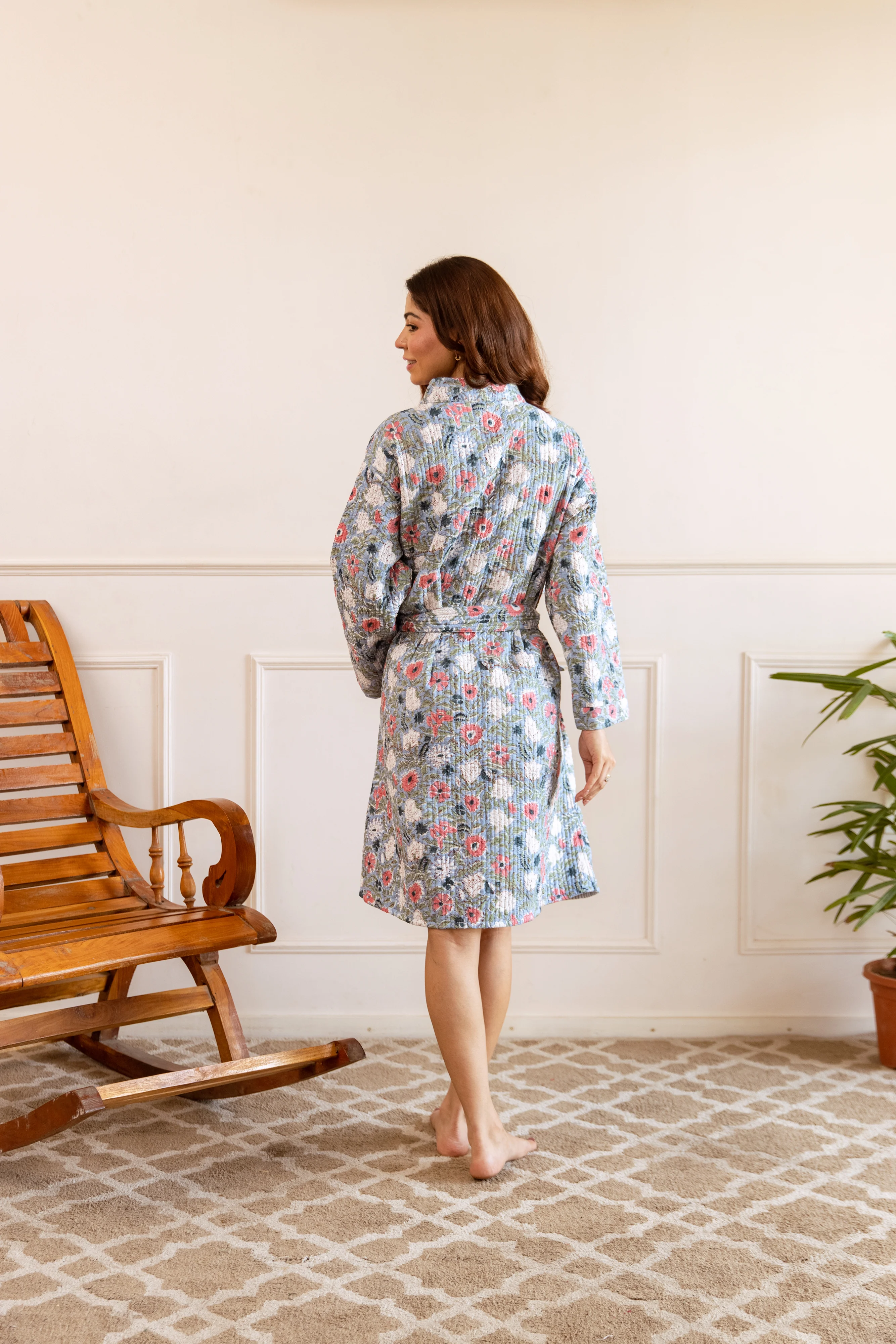 SALE Short Luxury Quilted Hand Block Print Robe - Meadow Bloom - Happy Cabbage London