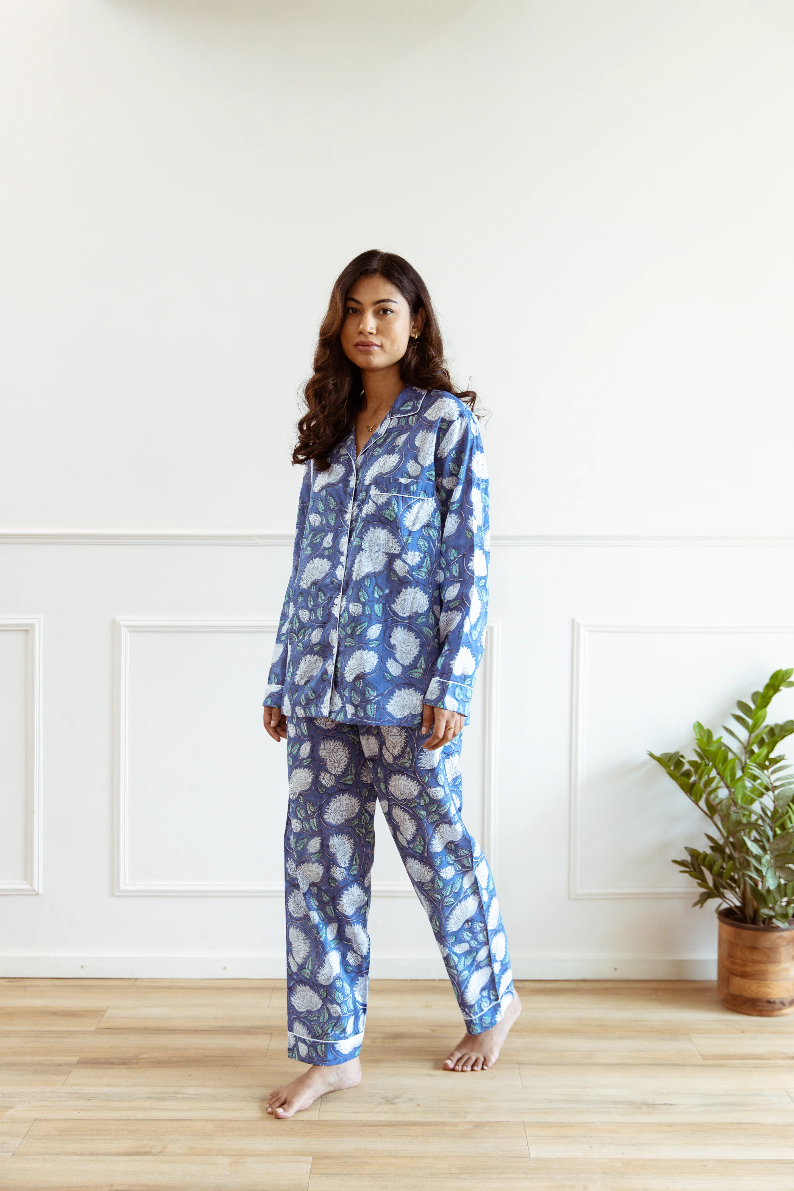 Long PJ Set - Blue & White Floral Print - Happy Cabbage London