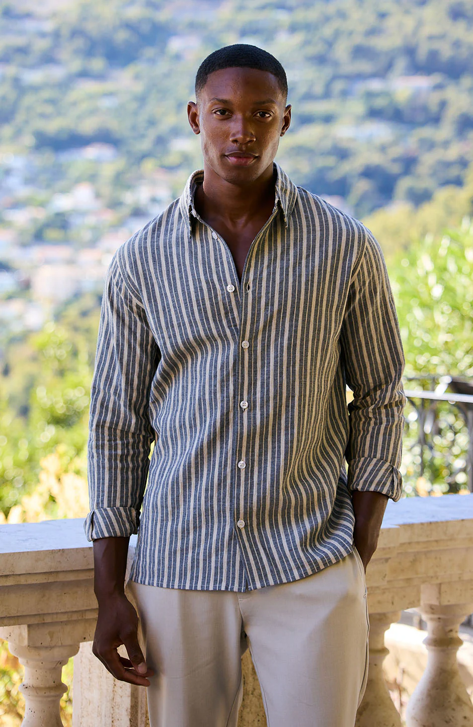 Bocelli Long Sleeve Stripe Shirt in Beige and Charcoal - Happy Cabbage London