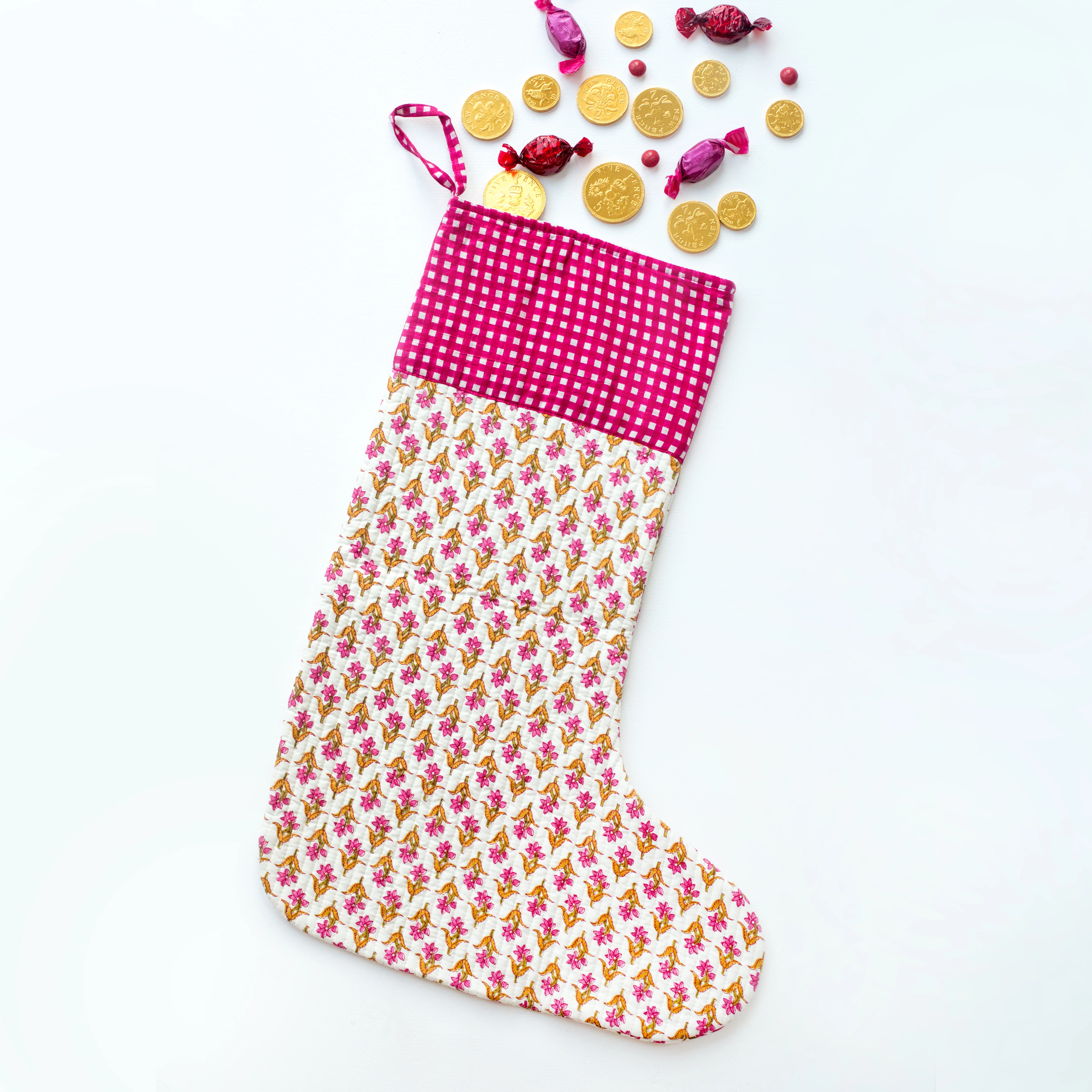 Copy of Luxury Quilted Christmas Stocking - Pink Gingham & Flowers - Happy Cabbage London