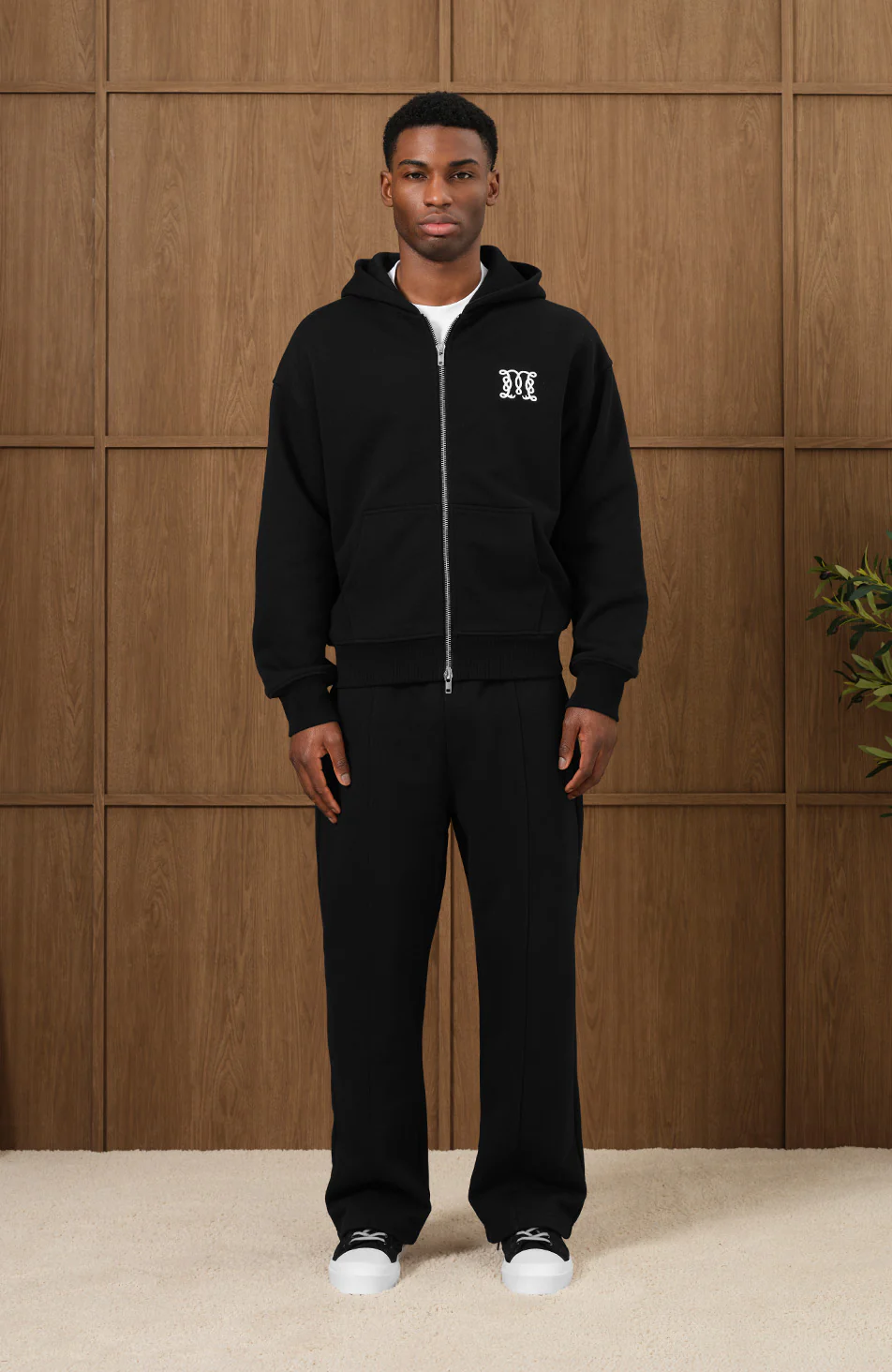 Embroidered Monogram Wide Leg Joggers in Black - Happy Cabbage London