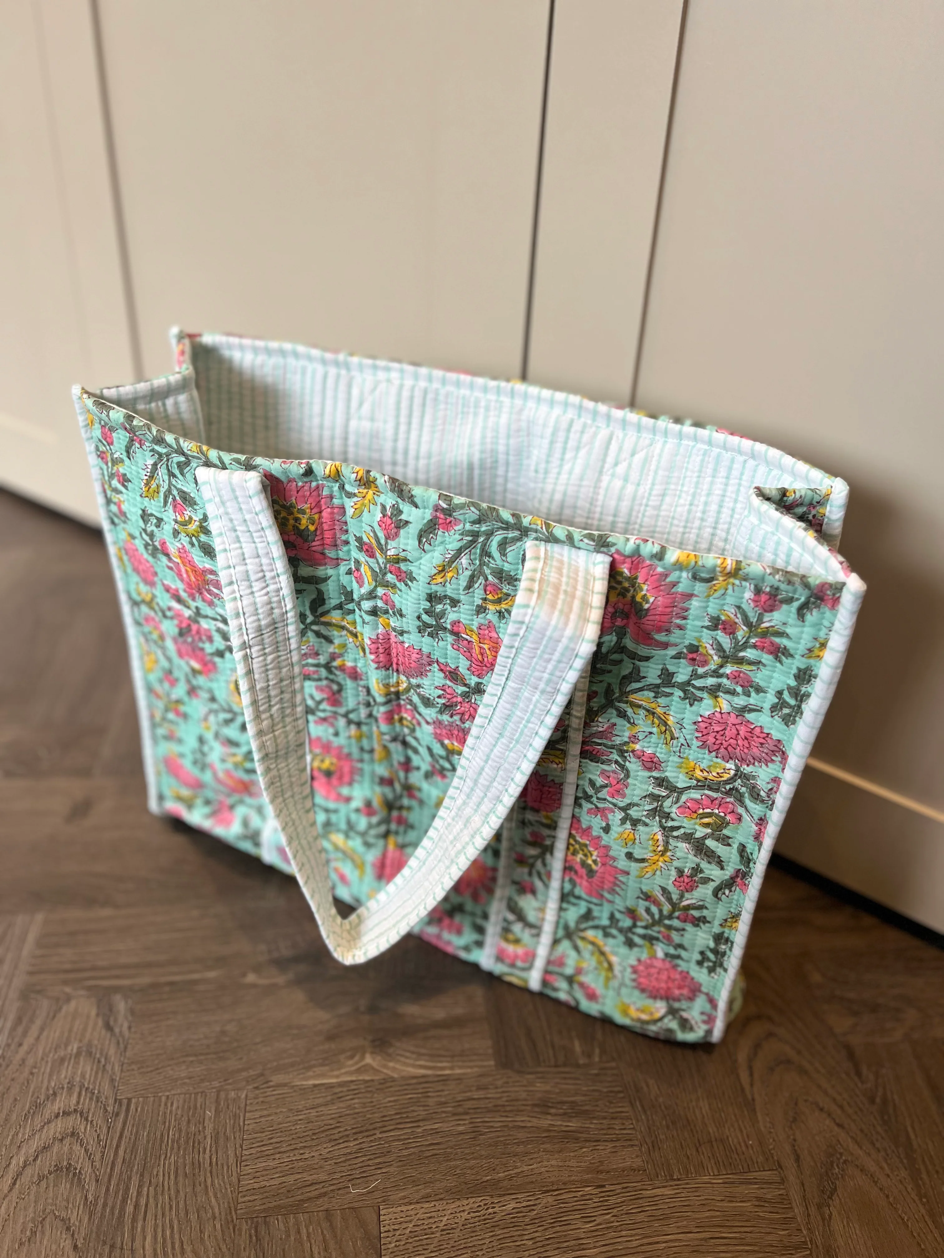 Block Print Cotton Tote Bag - Turquoise - Happy Cabbage London